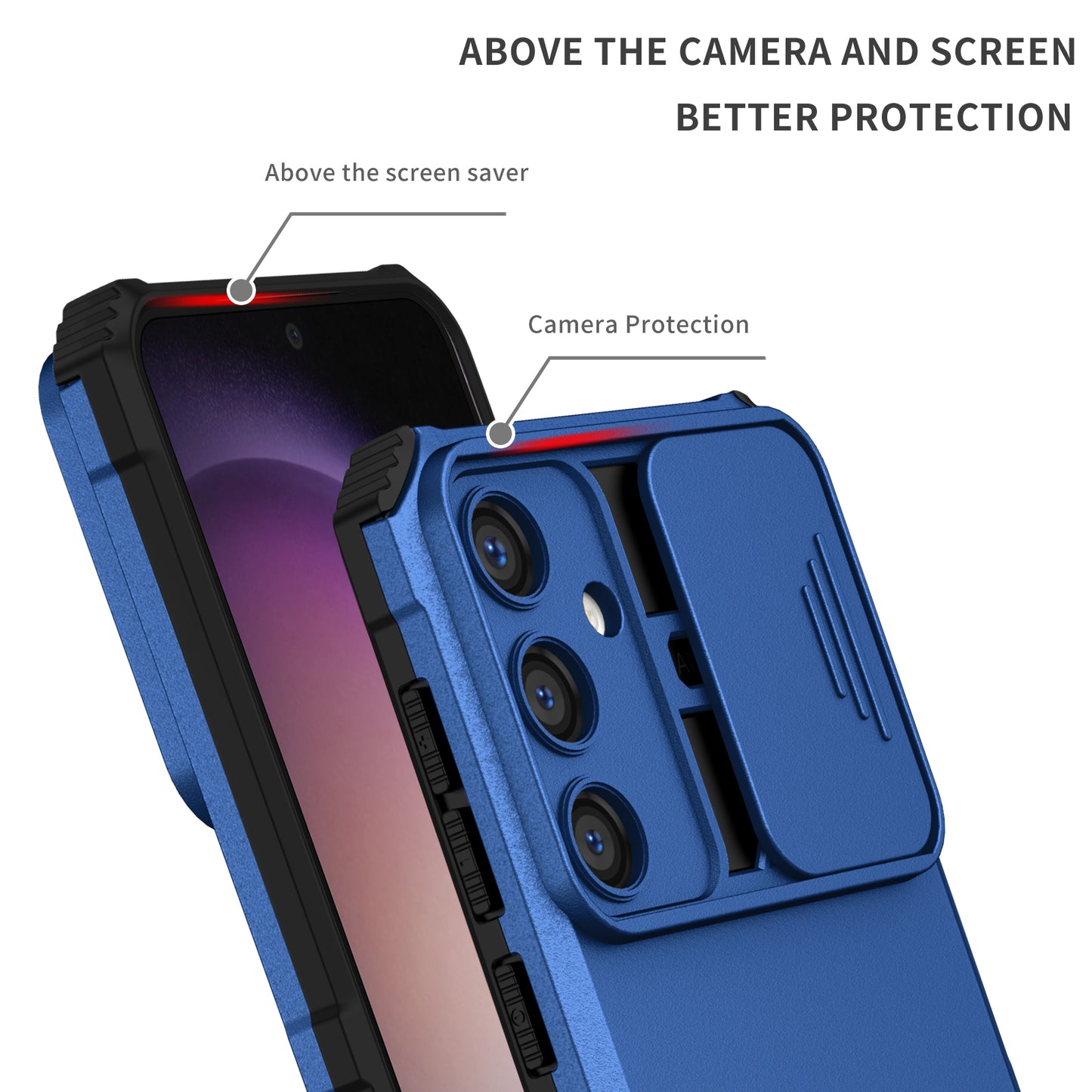 For Samsung Galaxy S24+ Cell Phone Cases Slide Lens Shield PC+TPU Kickstand Cover - Blue