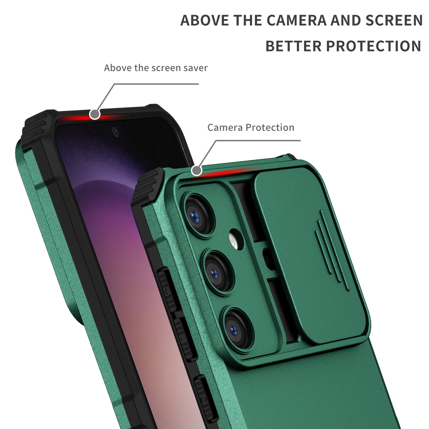 For Samsung Galaxy S24+ Cell Phone Cases Slide Lens Shield PC+TPU Kickstand Cover - Blackish Green