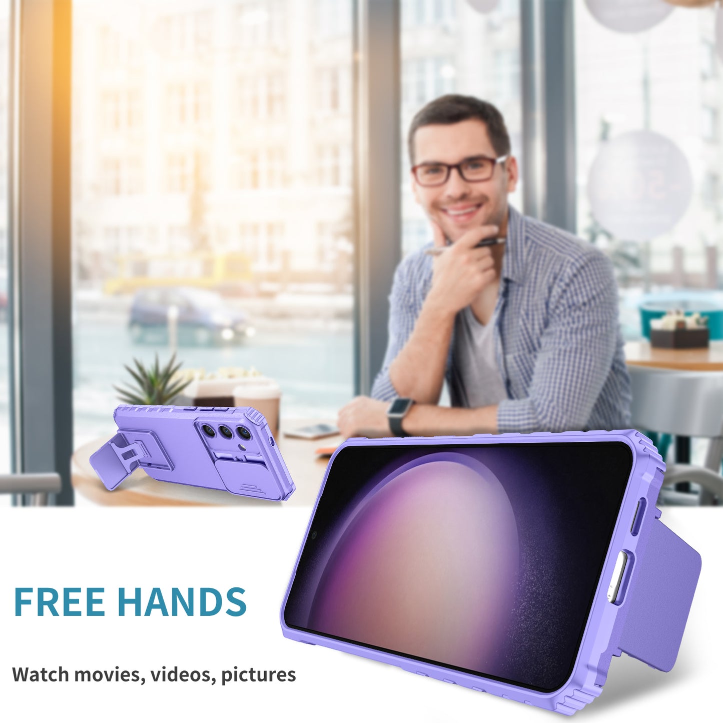 For Samsung Galaxy S24+ Cell Phone Cases Slide Lens Shield PC+TPU Kickstand Cover - Purple