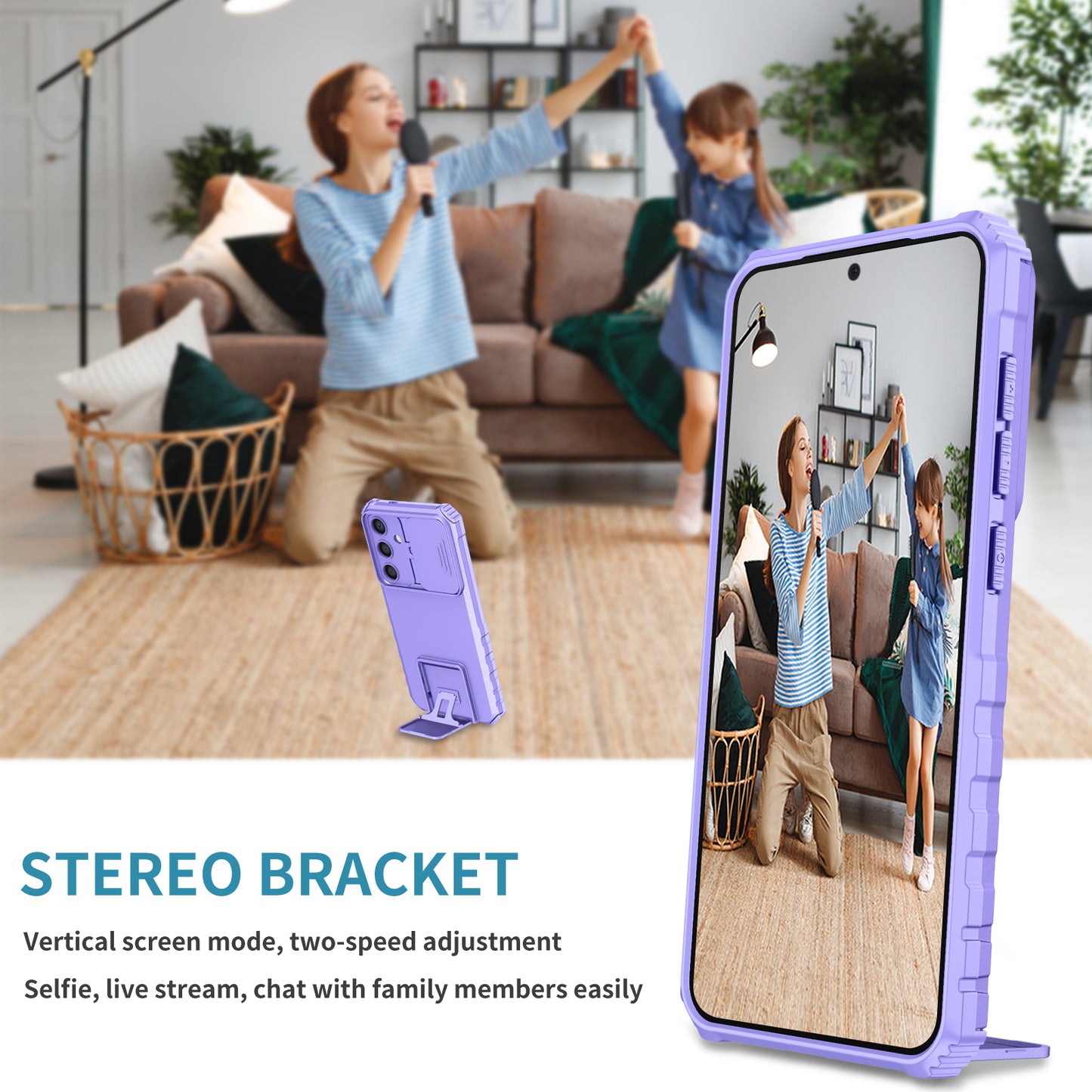 For Samsung Galaxy S24+ Cell Phone Cases Slide Lens Shield PC+TPU Kickstand Cover - Purple