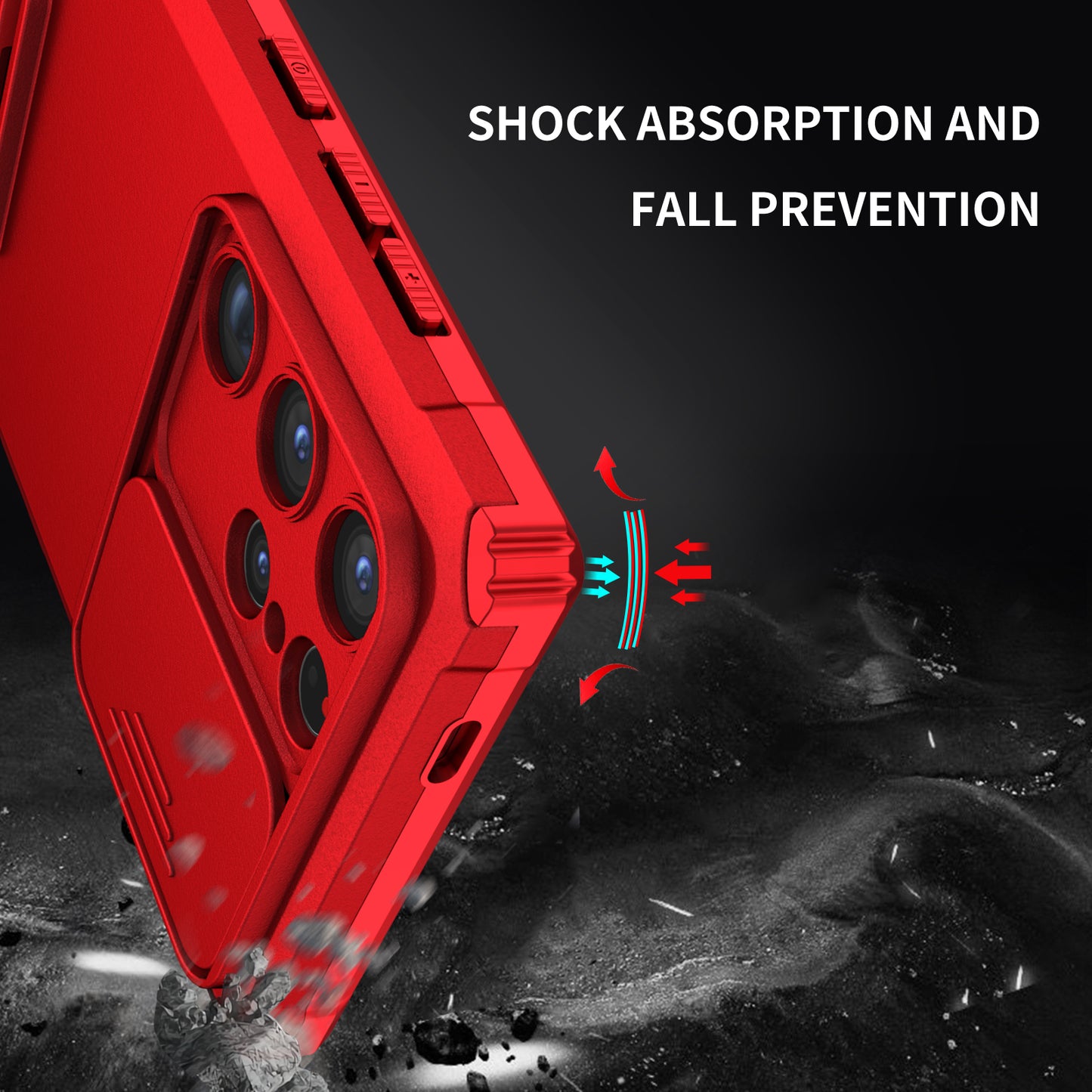 For Samsung Galaxy S24 Ultra Cell Phone Cases Slide Lens Shield PC+TPU Cover with Kickstand - Red