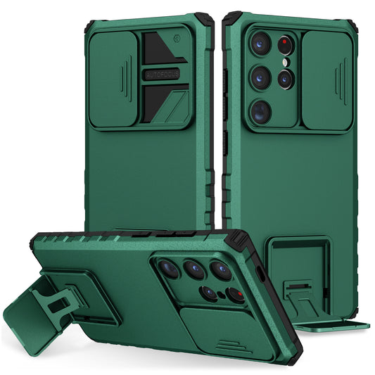 For Samsung Galaxy S24 Ultra Cell Phone Cases Slide Lens Shield PC+TPU Cover with Kickstand - Blackish Green