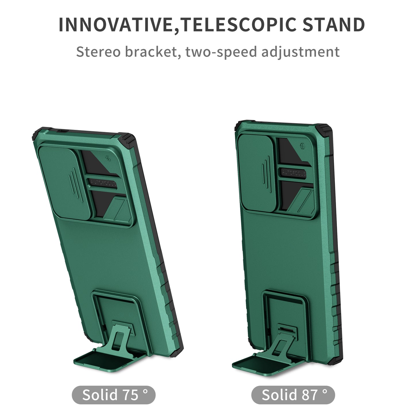 For Samsung Galaxy S24 Ultra Cell Phone Cases Slide Lens Shield PC+TPU Cover with Kickstand - Blackish Green