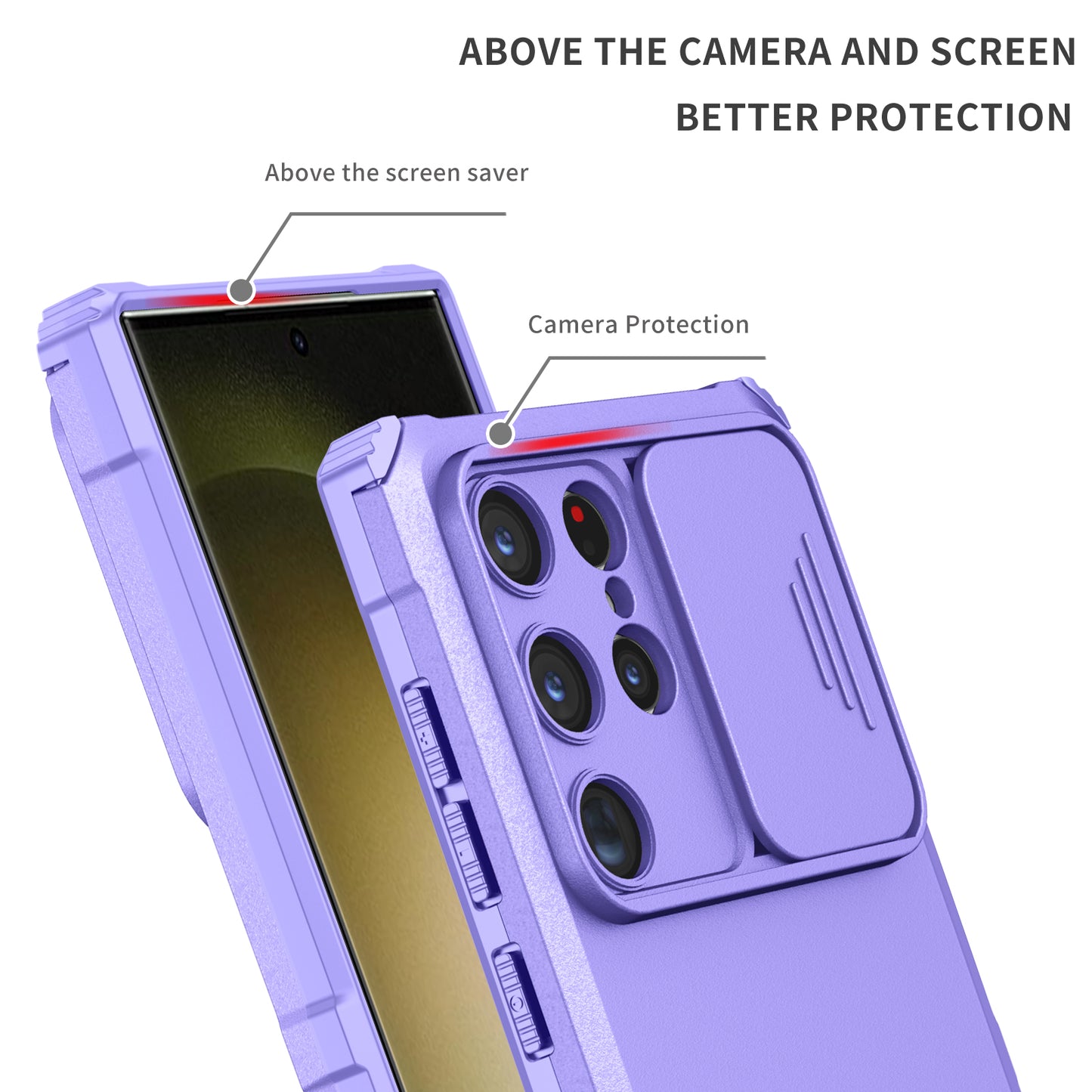 For Samsung Galaxy S24 Ultra Cell Phone Cases Slide Lens Shield PC+TPU Cover with Kickstand - Purple
