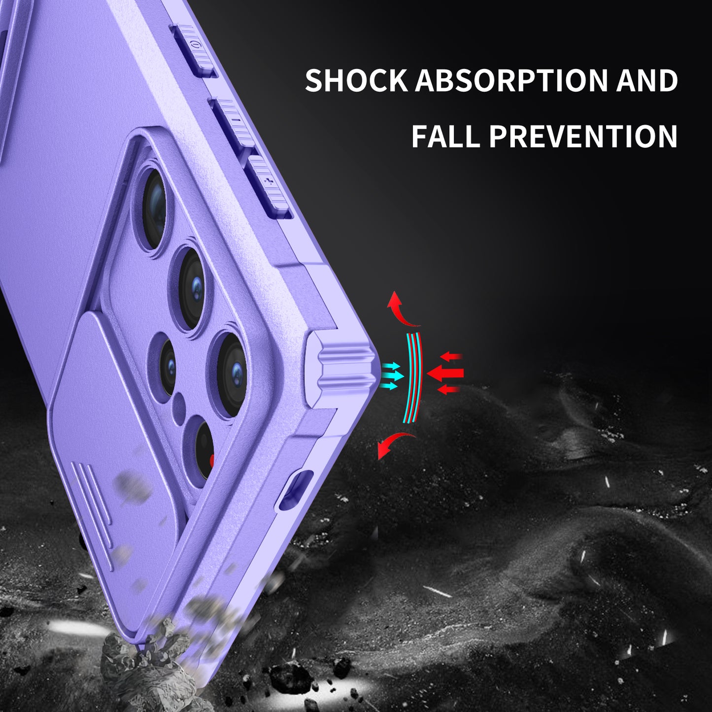For Samsung Galaxy S24 Ultra Cell Phone Cases Slide Lens Shield PC+TPU Cover with Kickstand - Purple