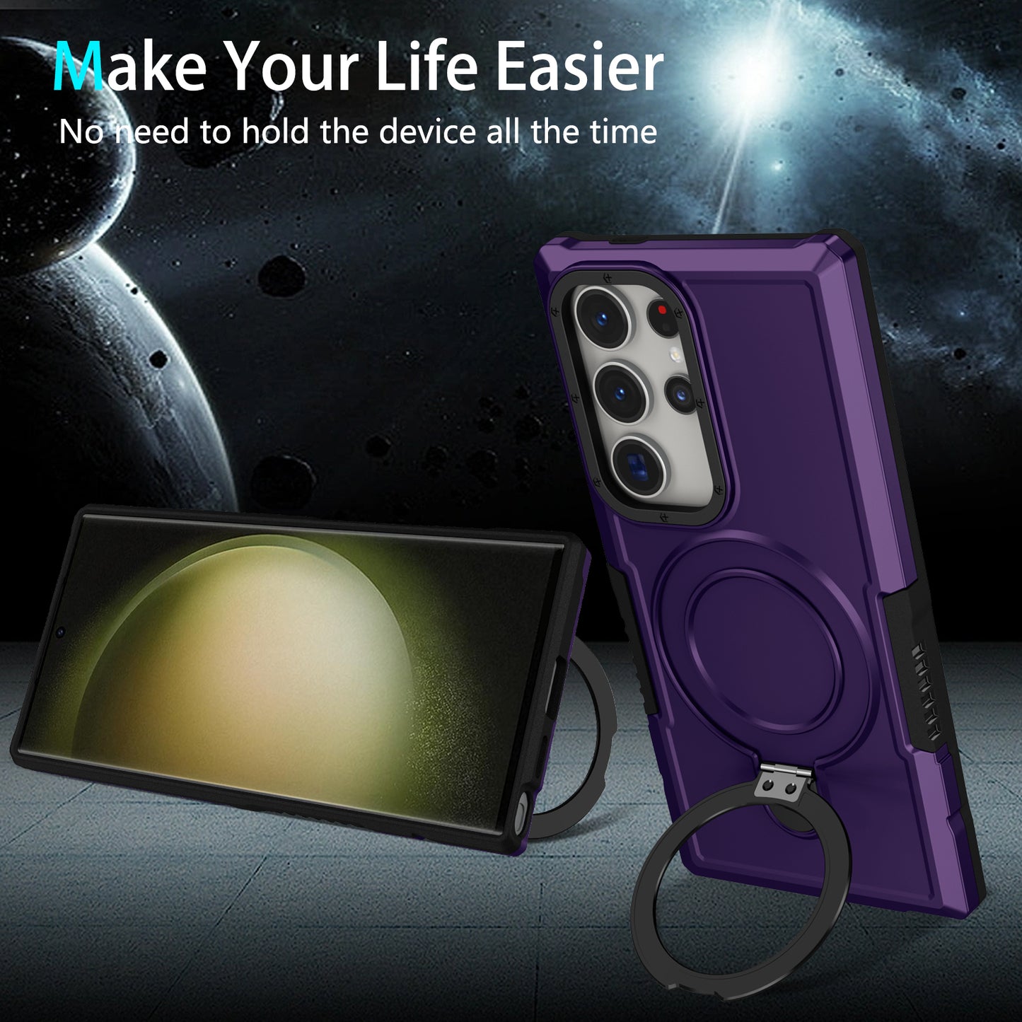 For Samsung Galaxy S24 Ultra Case TPU+PC 2-in-1 Ring Kickstand Shockproof Cover - Dark Purple