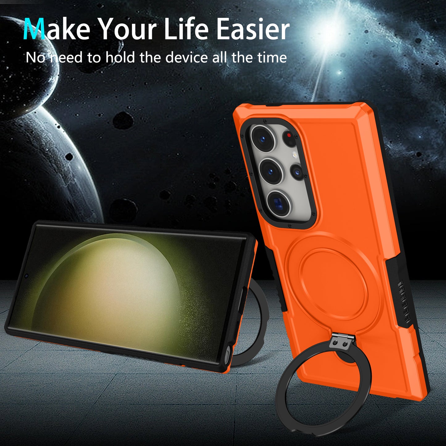 For Samsung Galaxy S24 Ultra Case TPU+PC 2-in-1 Ring Kickstand Shockproof Cover - Orange
