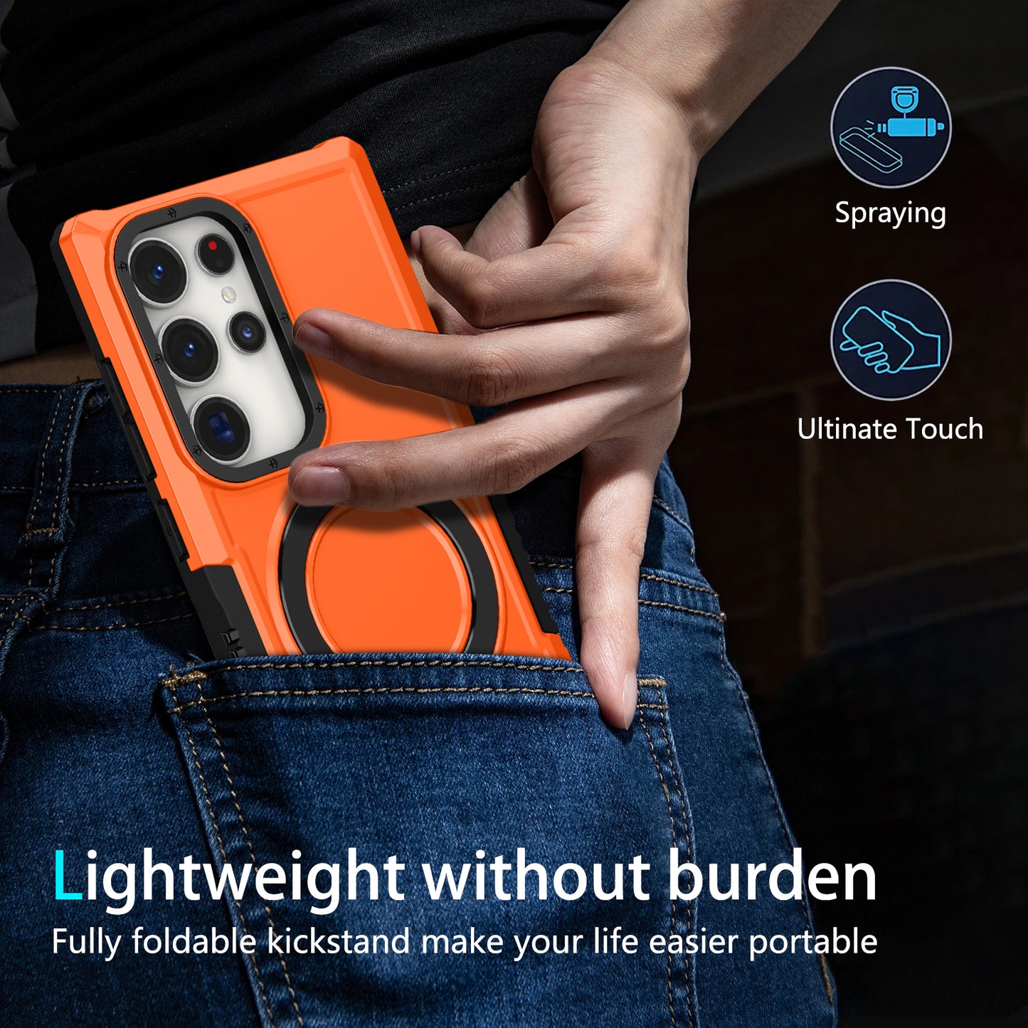 For Samsung Galaxy S24 Ultra Case TPU+PC 2-in-1 Ring Kickstand Shockproof Cover - Orange