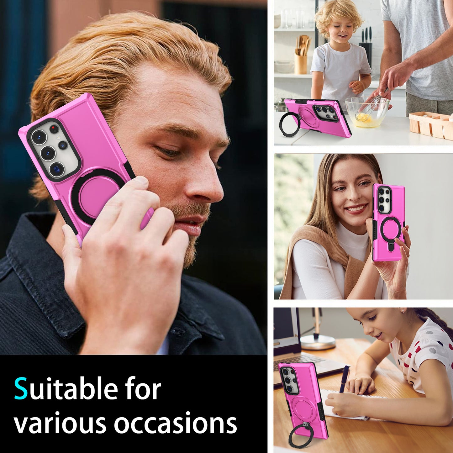 For Samsung Galaxy S24 Ultra Case TPU+PC 2-in-1 Ring Kickstand Shockproof Cover - Pink