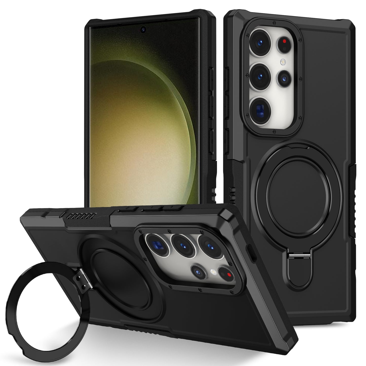 For Samsung Galaxy S24 Ultra Case TPU+PC 2-in-1 Ring Kickstand Shockproof Cover - Black