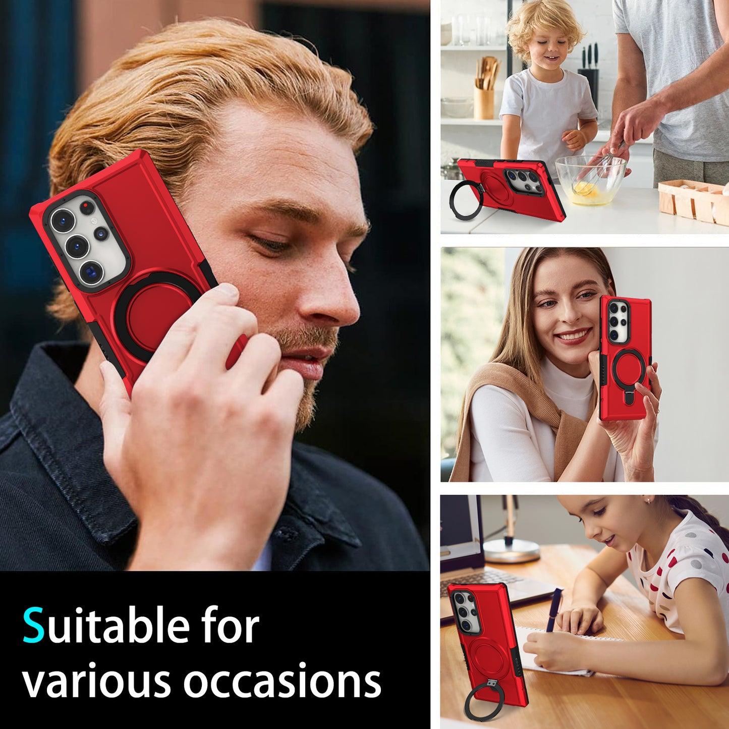 For Samsung Galaxy S24 Ultra Case TPU+PC 2-in-1 Ring Kickstand Shockproof Cover - Red