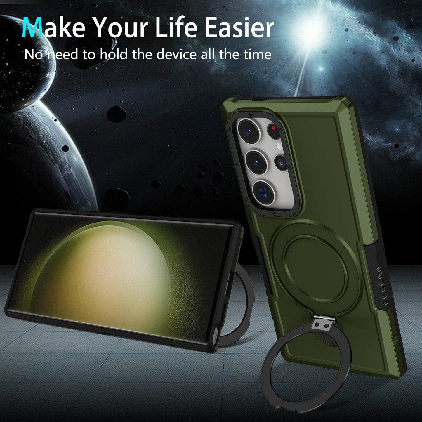 For Samsung Galaxy S24 Ultra Case TPU+PC 2-in-1 Ring Kickstand Shockproof Cover - Blackish Green