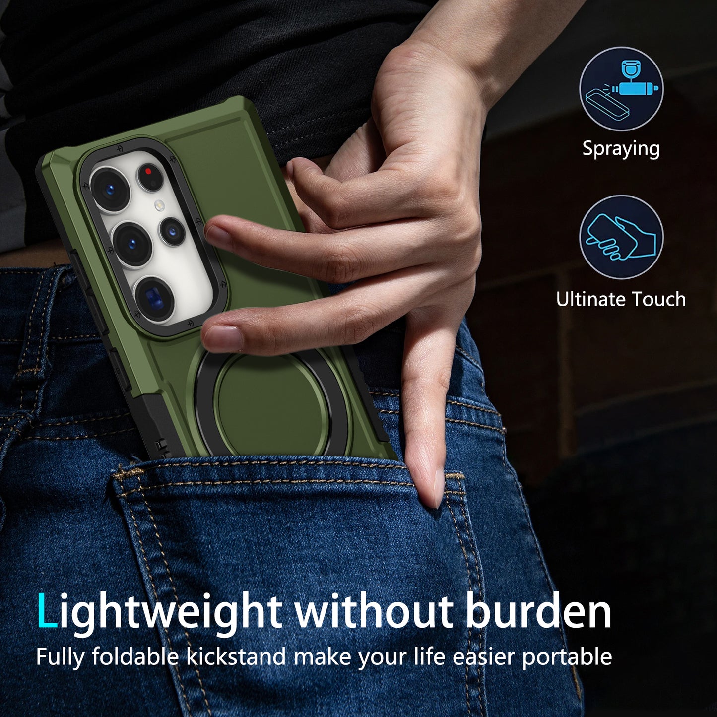 For Samsung Galaxy S24 Ultra Case TPU+PC 2-in-1 Ring Kickstand Shockproof Cover - Blackish Green