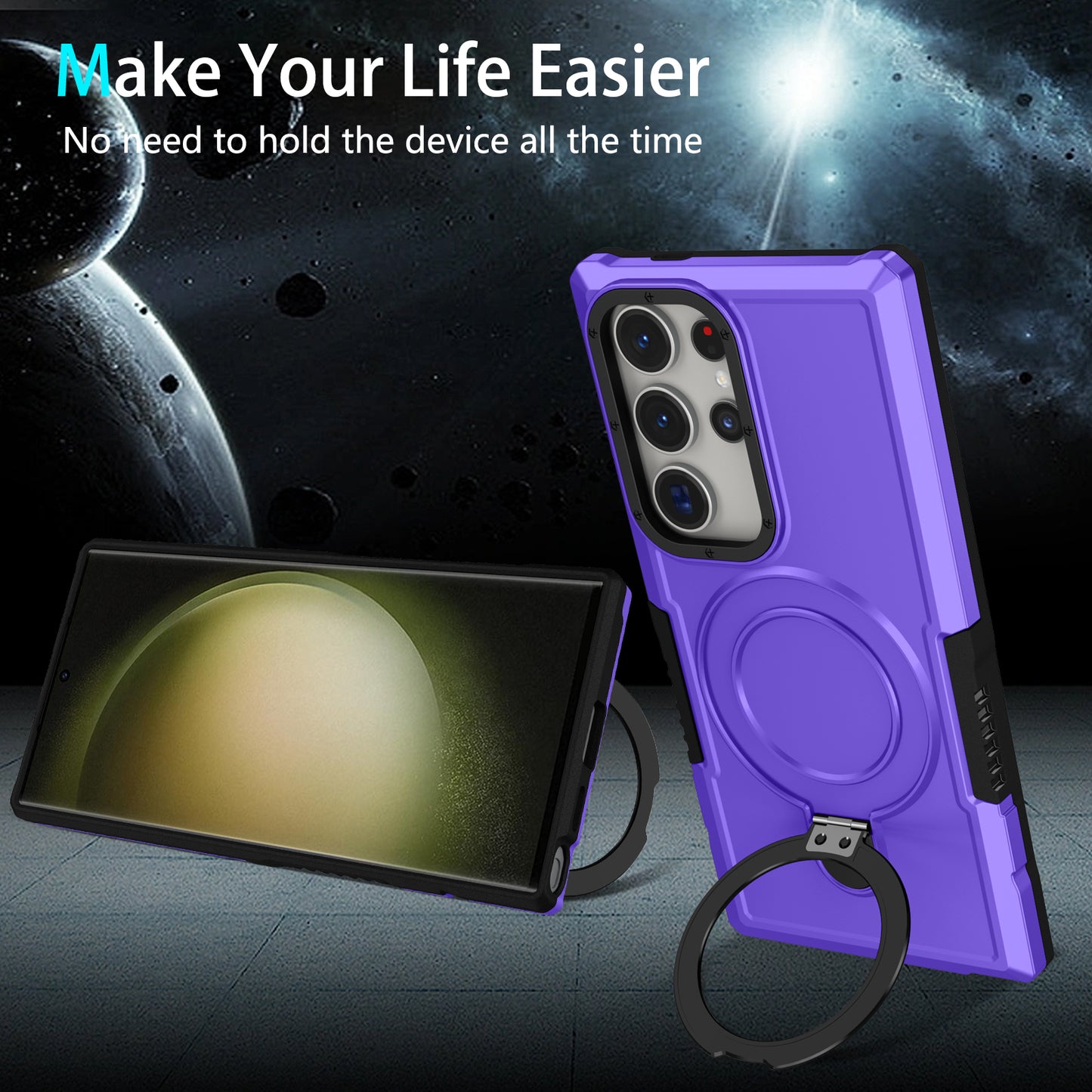 For Samsung Galaxy S24 Ultra Case TPU+PC 2-in-1 Ring Kickstand Shockproof Cover - Purple