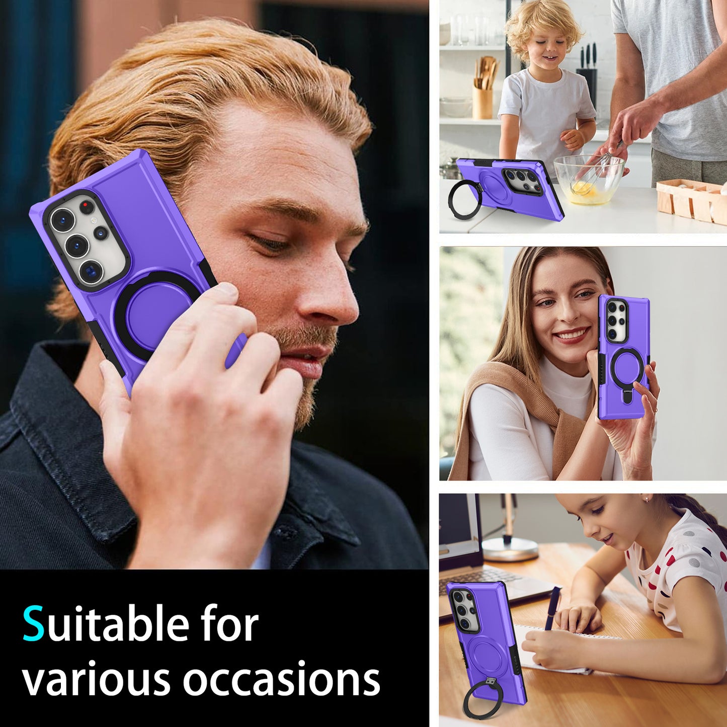 For Samsung Galaxy S24 Ultra Case TPU+PC 2-in-1 Ring Kickstand Shockproof Cover - Purple