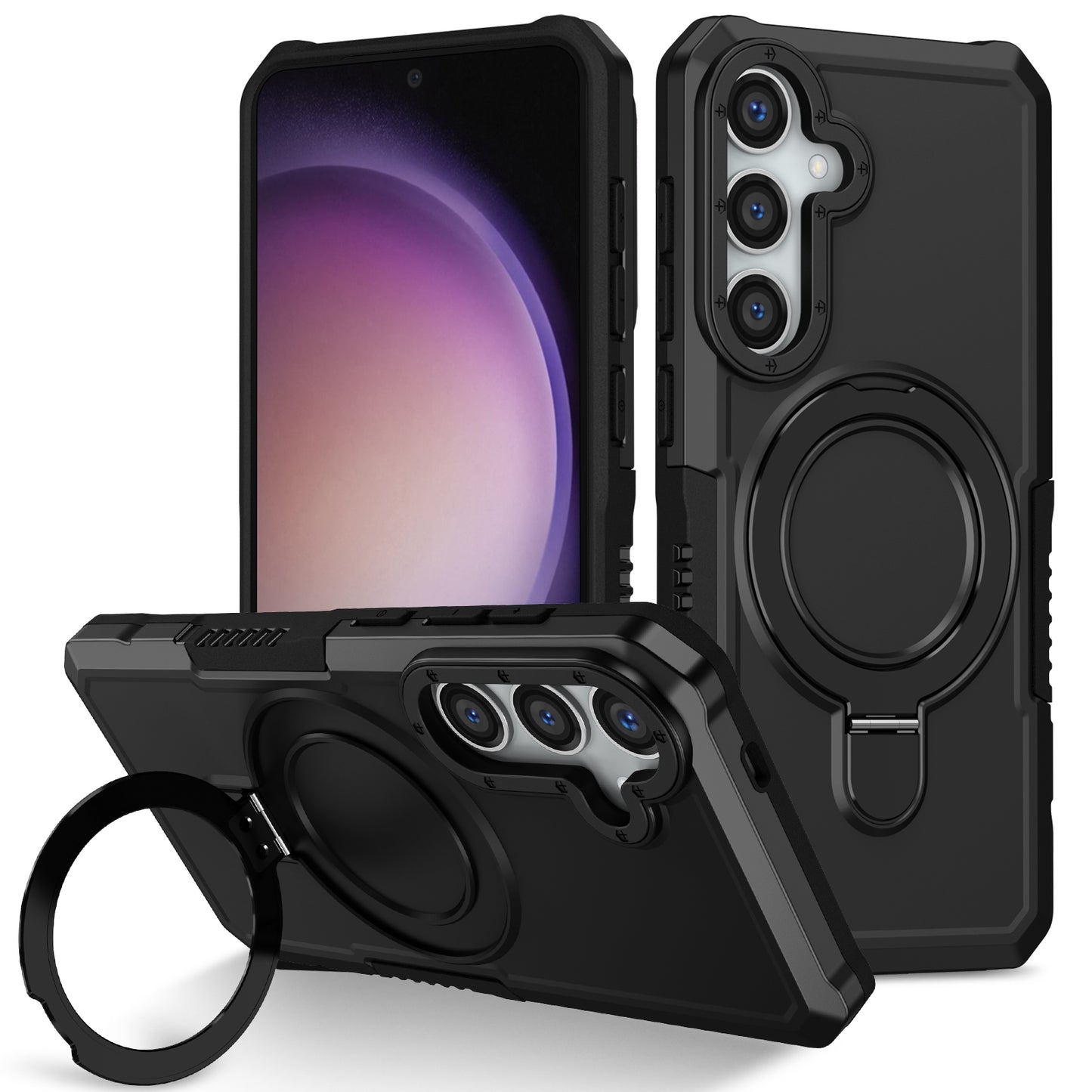 For Samsung Galaxy S24+ Case Hybrid TPU+PC Cover with Ring Holder Kickstand - Black