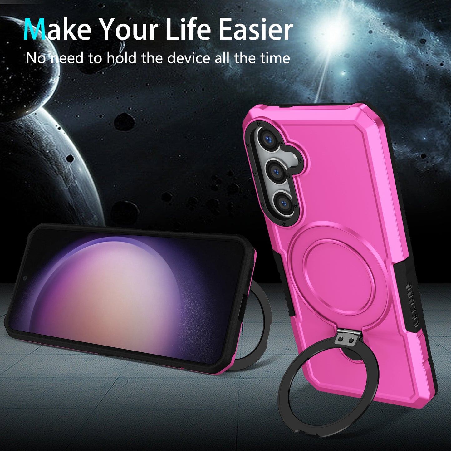 For Samsung Galaxy S24+ Case Hybrid TPU+PC Cover with Ring Holder Kickstand - Pink