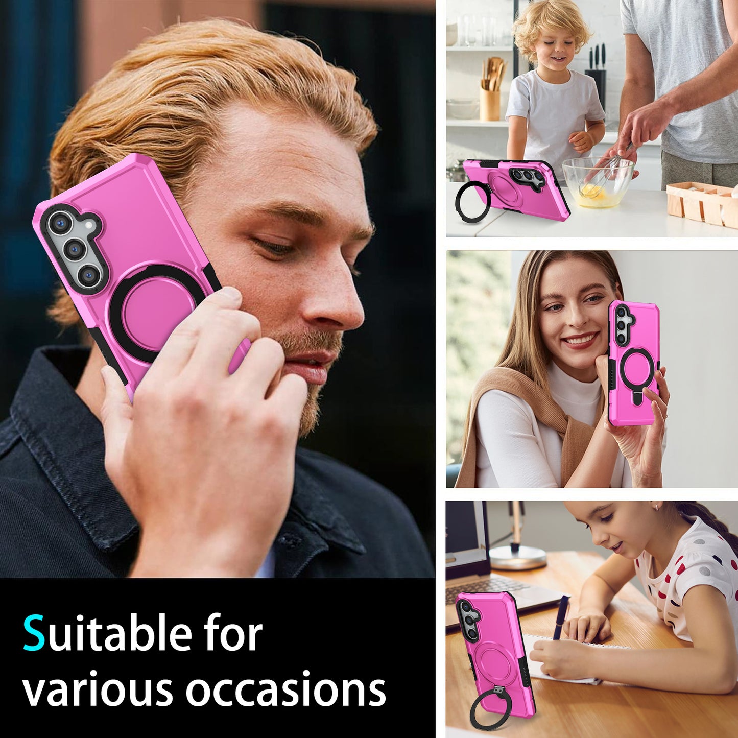For Samsung Galaxy S24+ Case Hybrid TPU+PC Cover with Ring Holder Kickstand - Pink