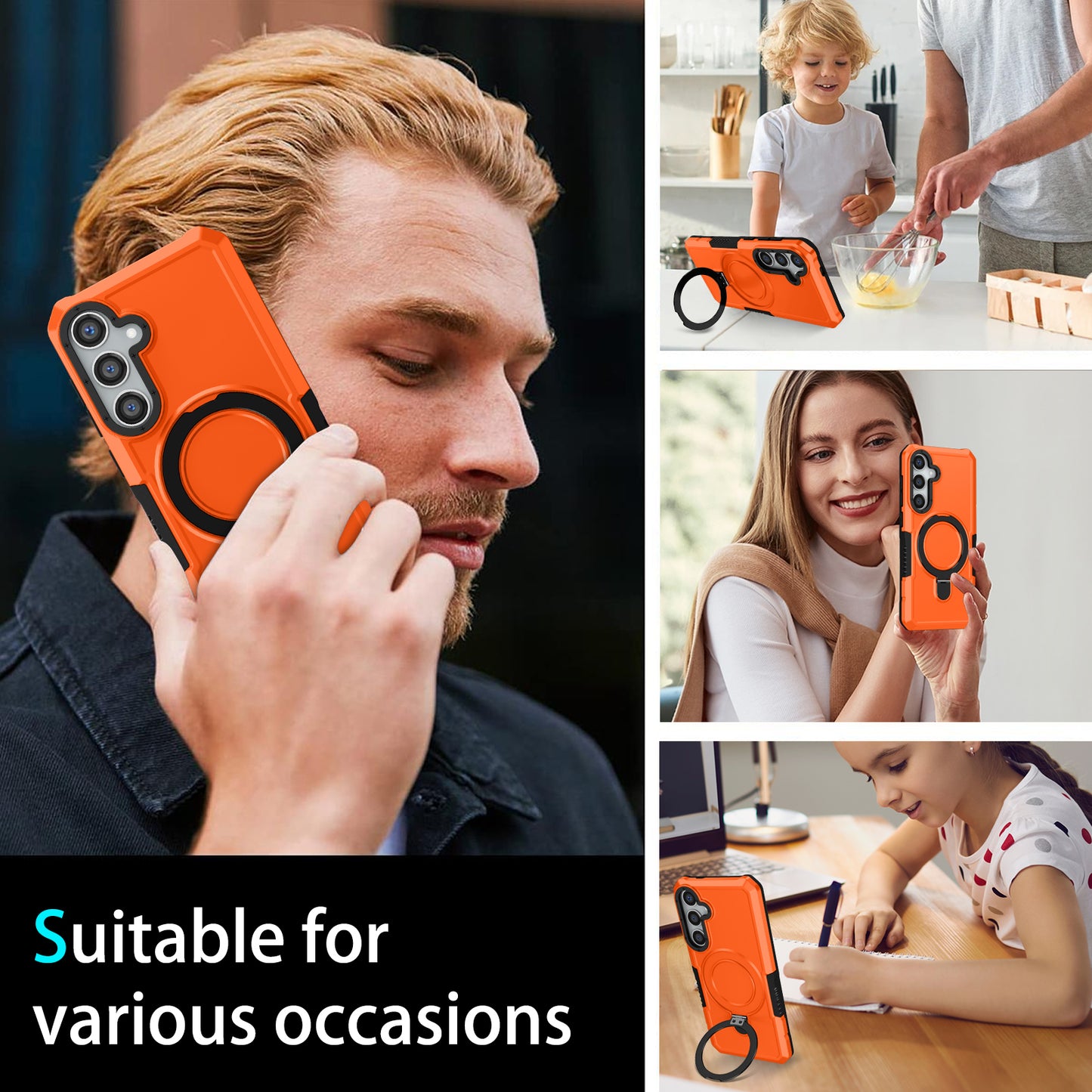 For Samsung Galaxy S24+ Case Hybrid TPU+PC Cover with Ring Holder Kickstand - Orange