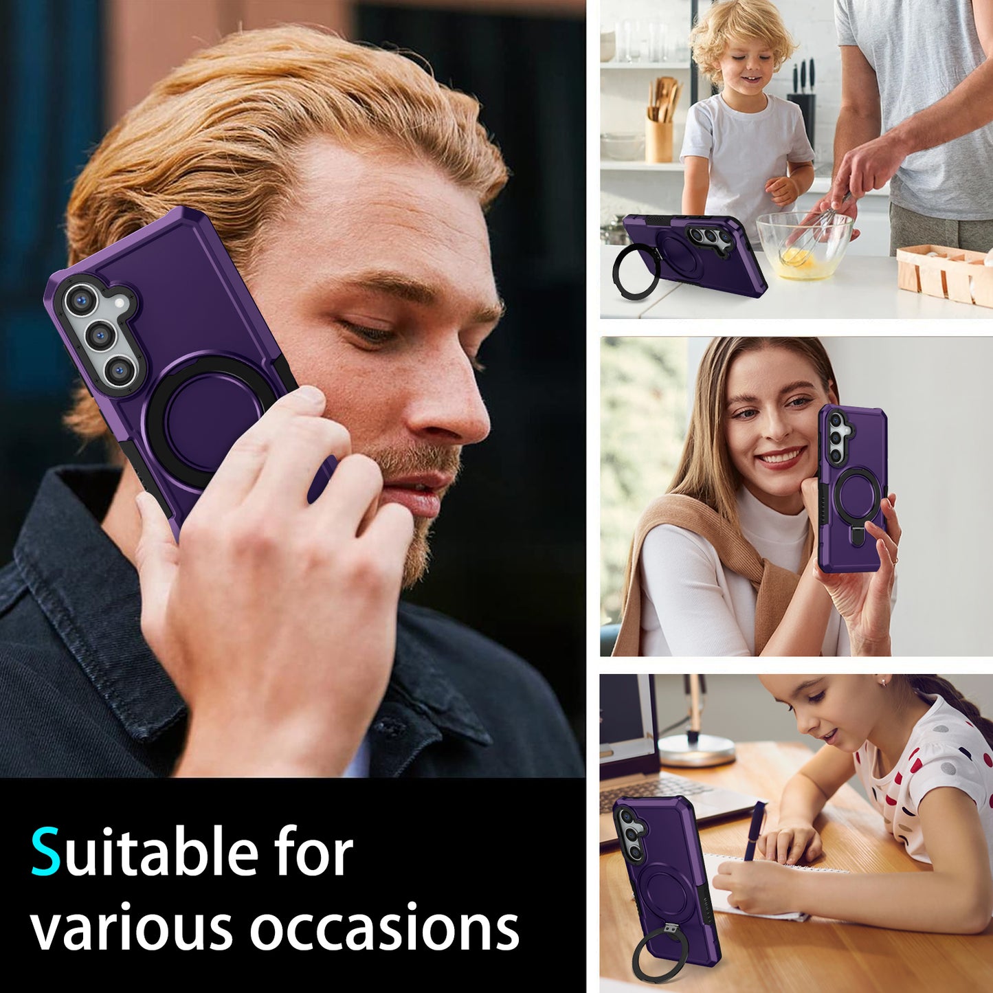 For Samsung Galaxy S24+ Case Hybrid TPU+PC Cover with Ring Holder Kickstand - Dark Purple