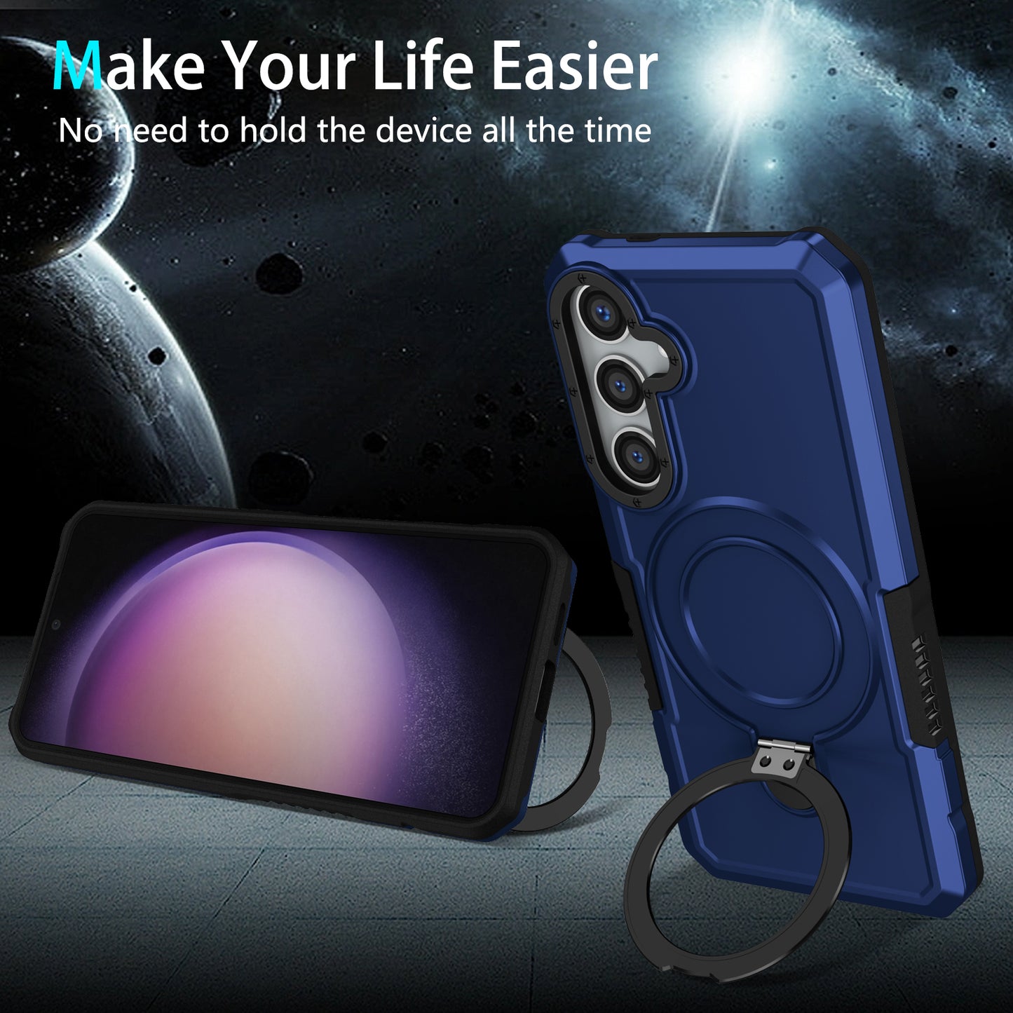 For Samsung Galaxy S24 Phone Cover TPU+PC Dual-Layer Ring Kickstand Anti-Drop Case  - Sapphire