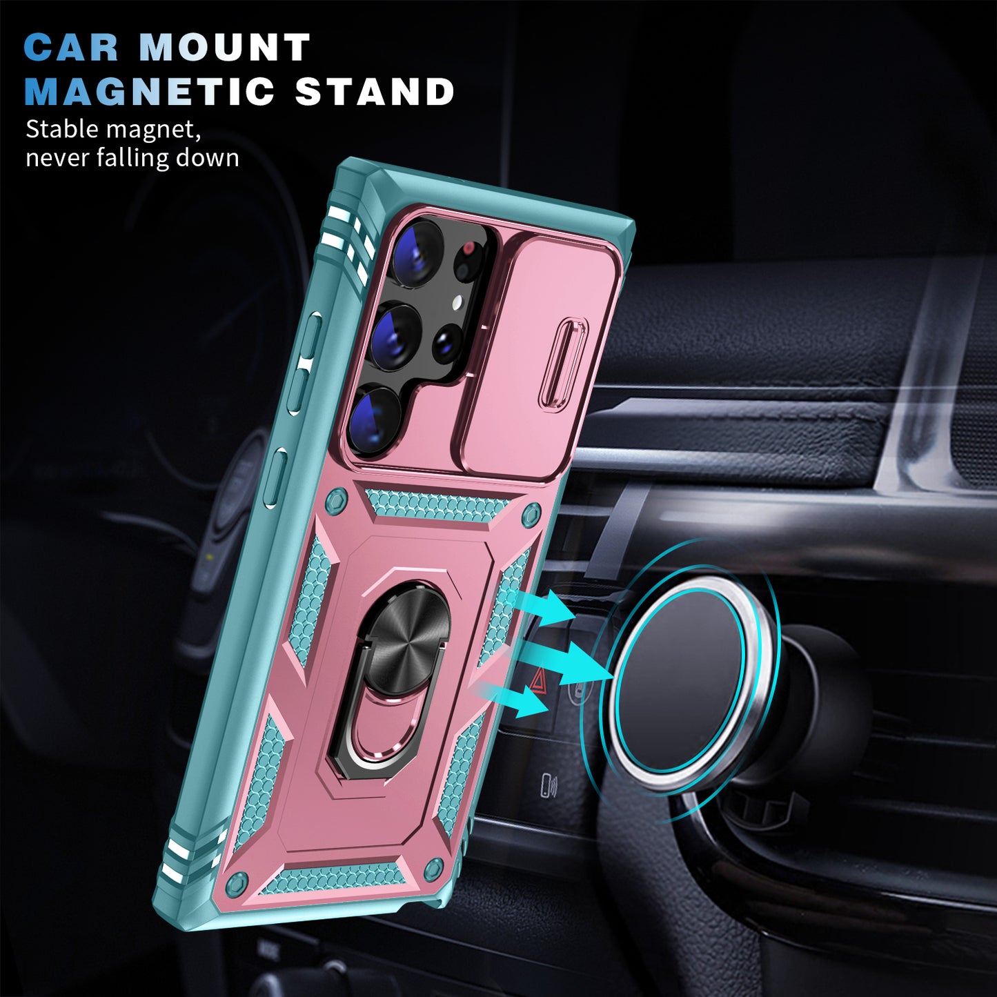 For Samsung Galaxy S24 Ultra Phone Case Built-in Slide Camera Lens Cover + Ring Holder Kickstand - Pink+Grey Green
