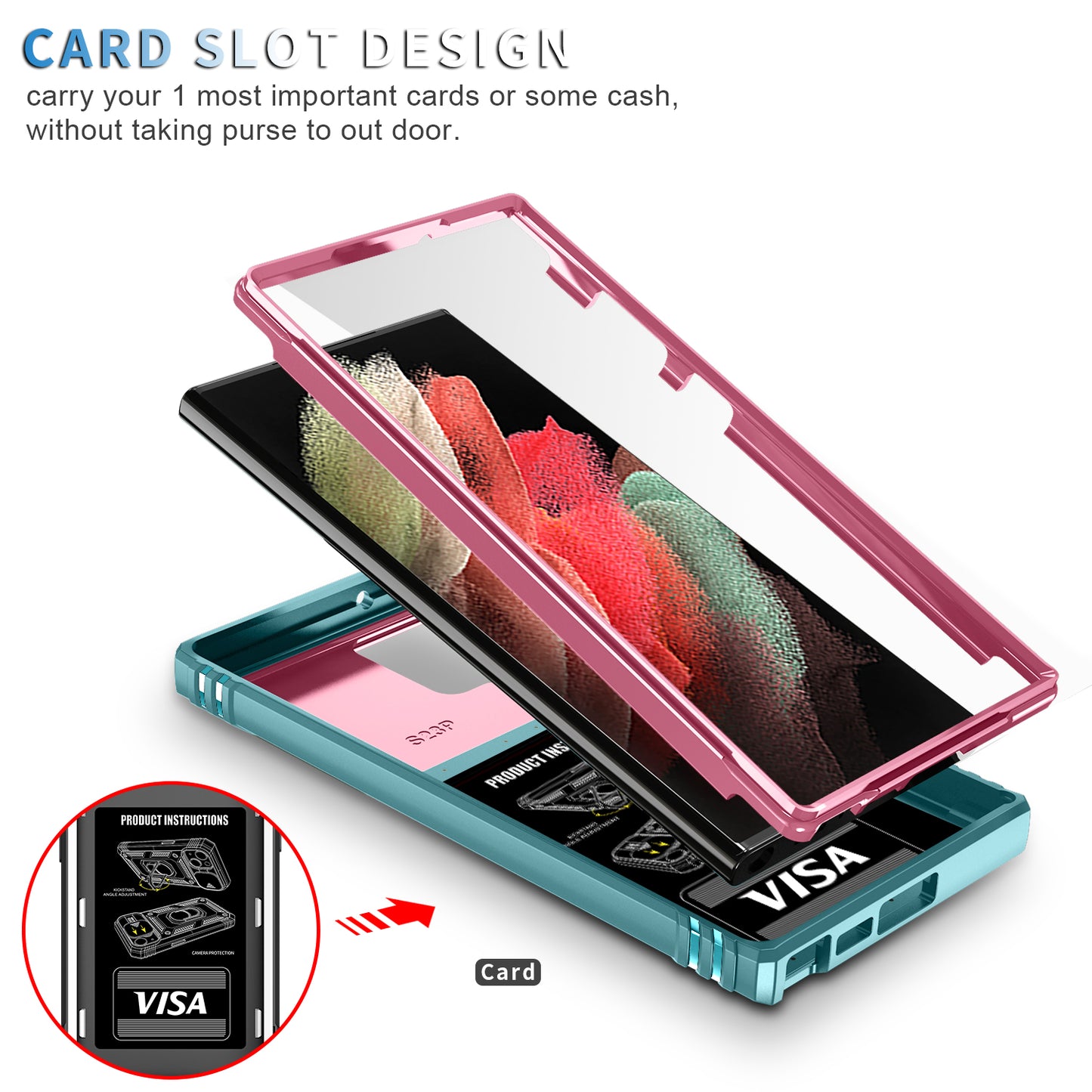 For Samsung Galaxy S24 Ultra Phone Case Built-in Slide Camera Lens Cover + Ring Holder Kickstand - Pink+Grey Green