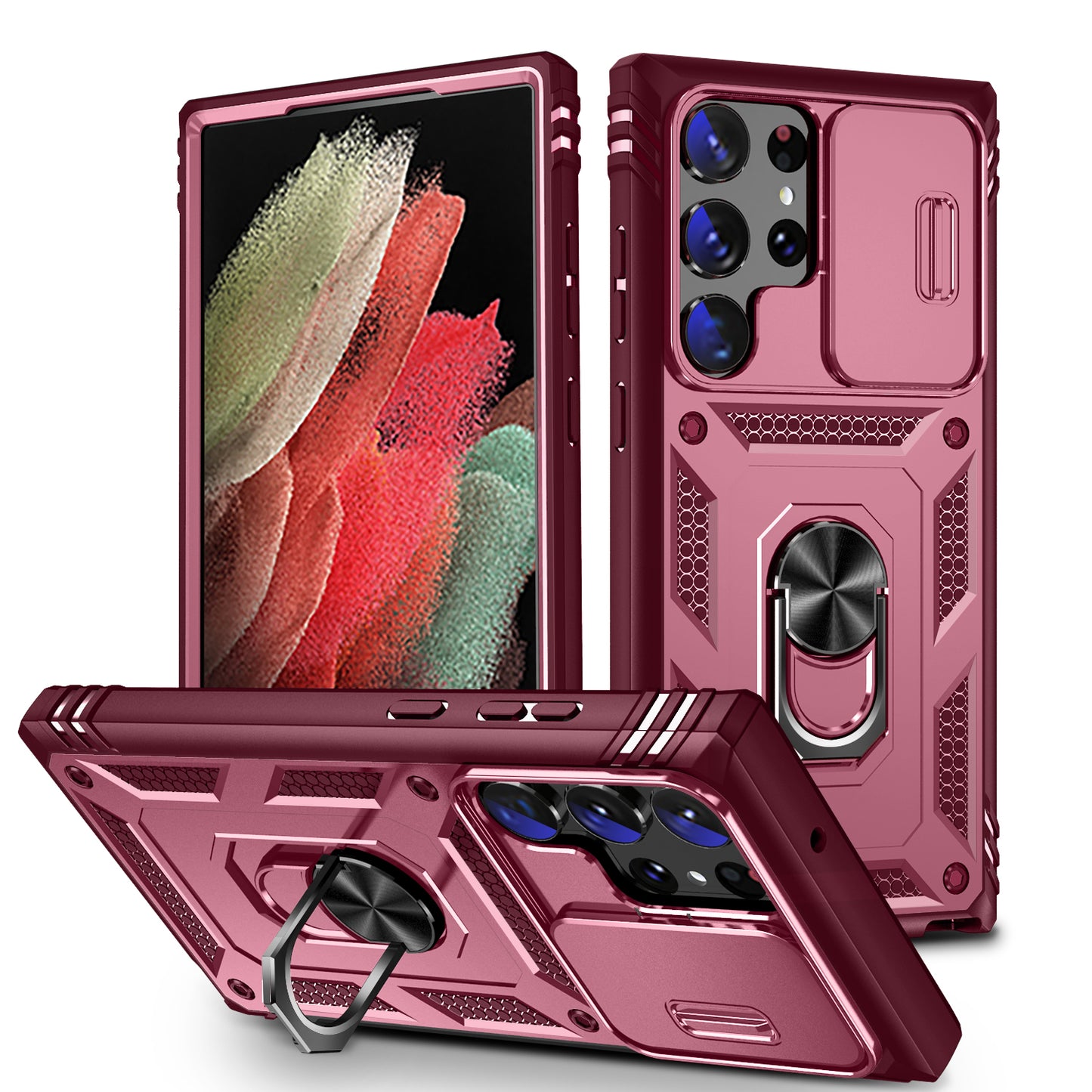 For Samsung Galaxy S24 Ultra Phone Case Built-in Slide Camera Lens Cover + Ring Holder Kickstand - Pink+Dark Red