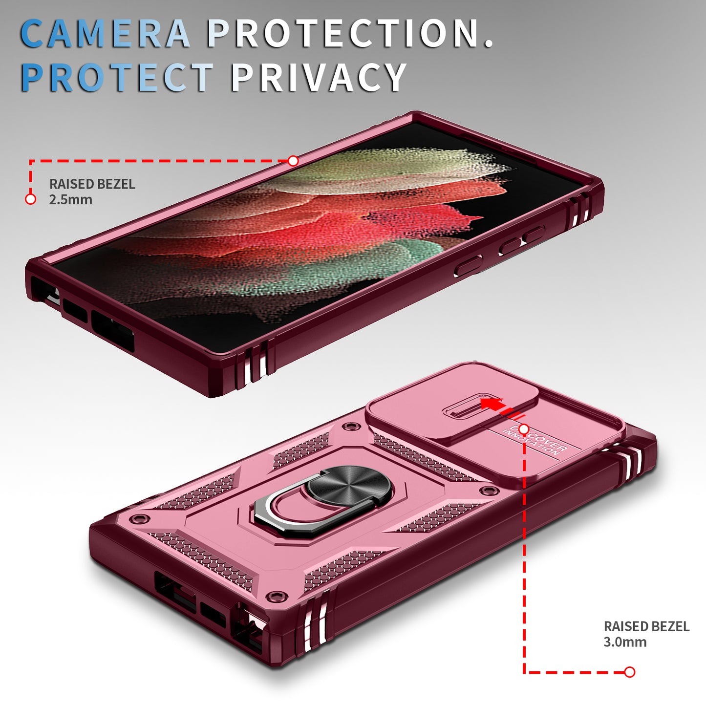 For Samsung Galaxy S24 Ultra Phone Case Built-in Slide Camera Lens Cover + Ring Holder Kickstand - Pink+Dark Red
