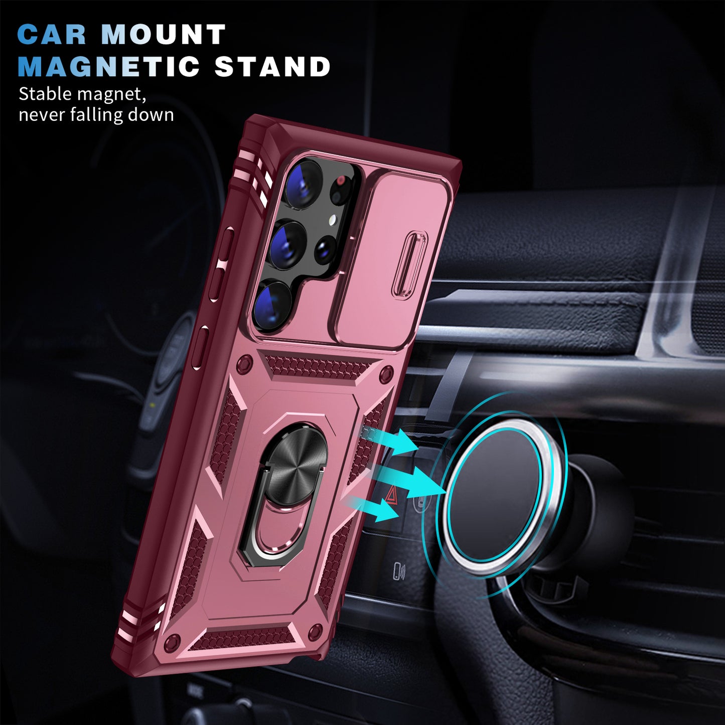 For Samsung Galaxy S24 Ultra Phone Case Built-in Slide Camera Lens Cover + Ring Holder Kickstand - Pink+Dark Red