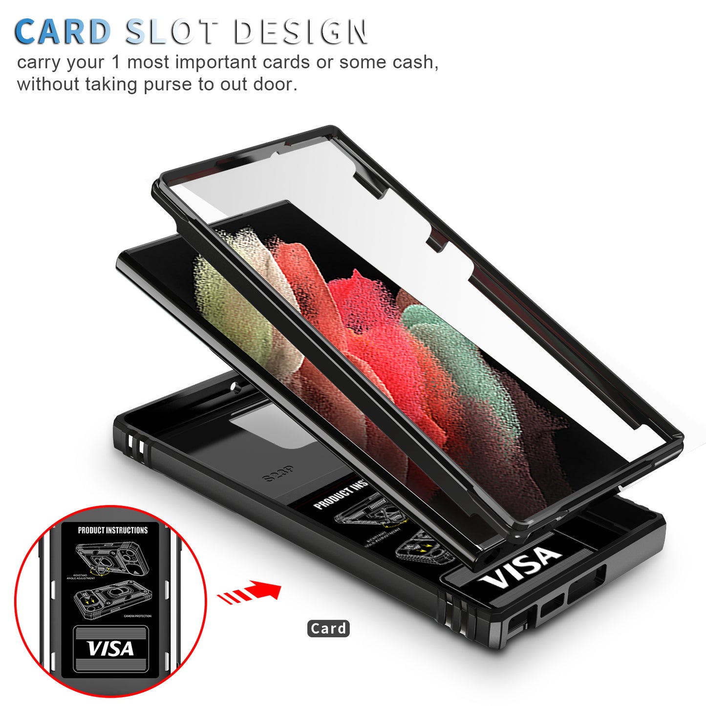 For Samsung Galaxy S24 Ultra Phone Case Built-in Slide Camera Lens Cover + Ring Holder Kickstand - Black