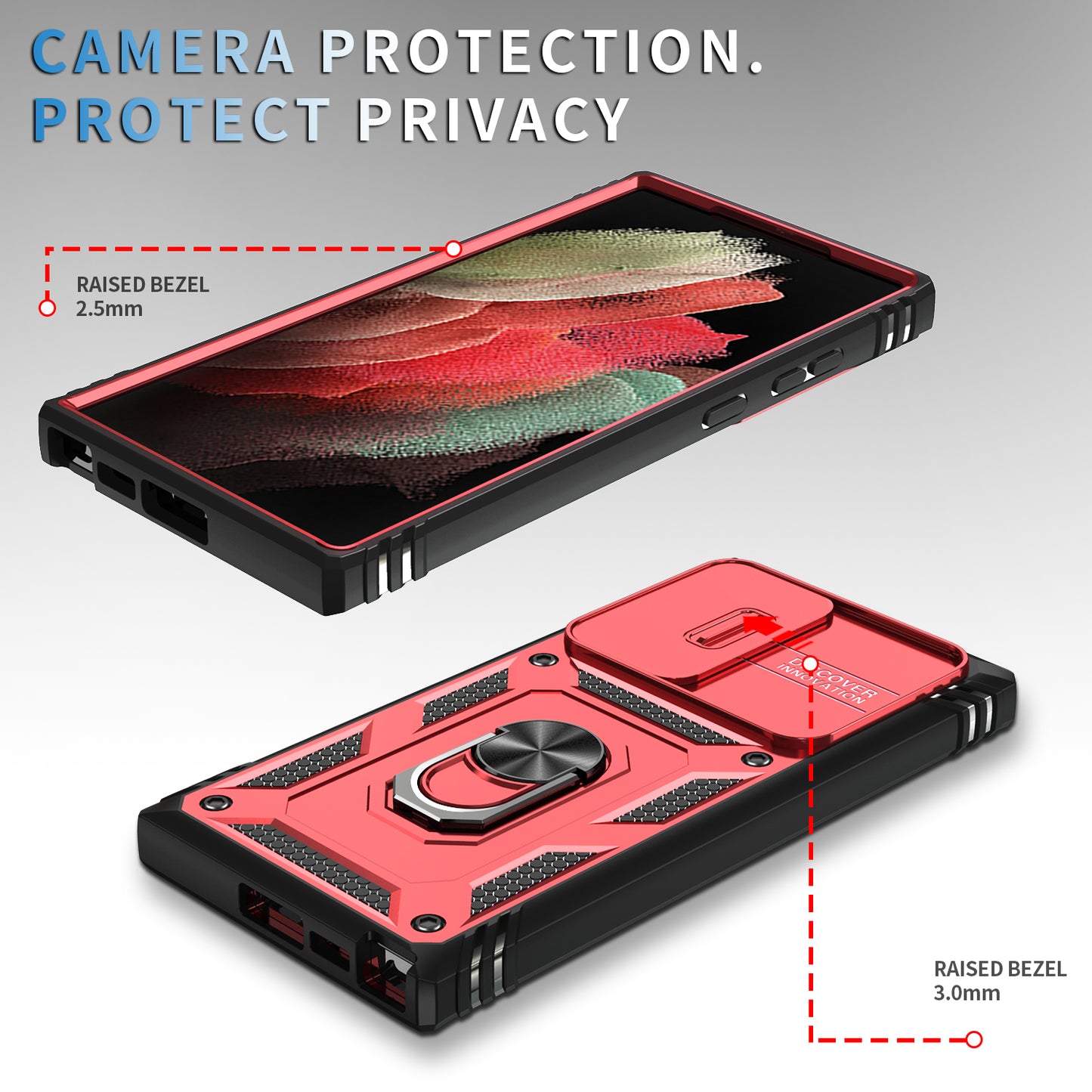 For Samsung Galaxy S24 Ultra Phone Case Built-in Slide Camera Lens Cover + Ring Holder Kickstand - Red+Black