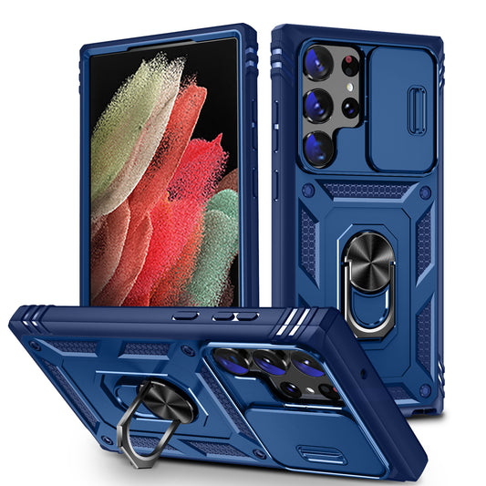 For Samsung Galaxy S24 Ultra Phone Case Built-in Slide Camera Lens Cover + Ring Holder Kickstand - Sapphire