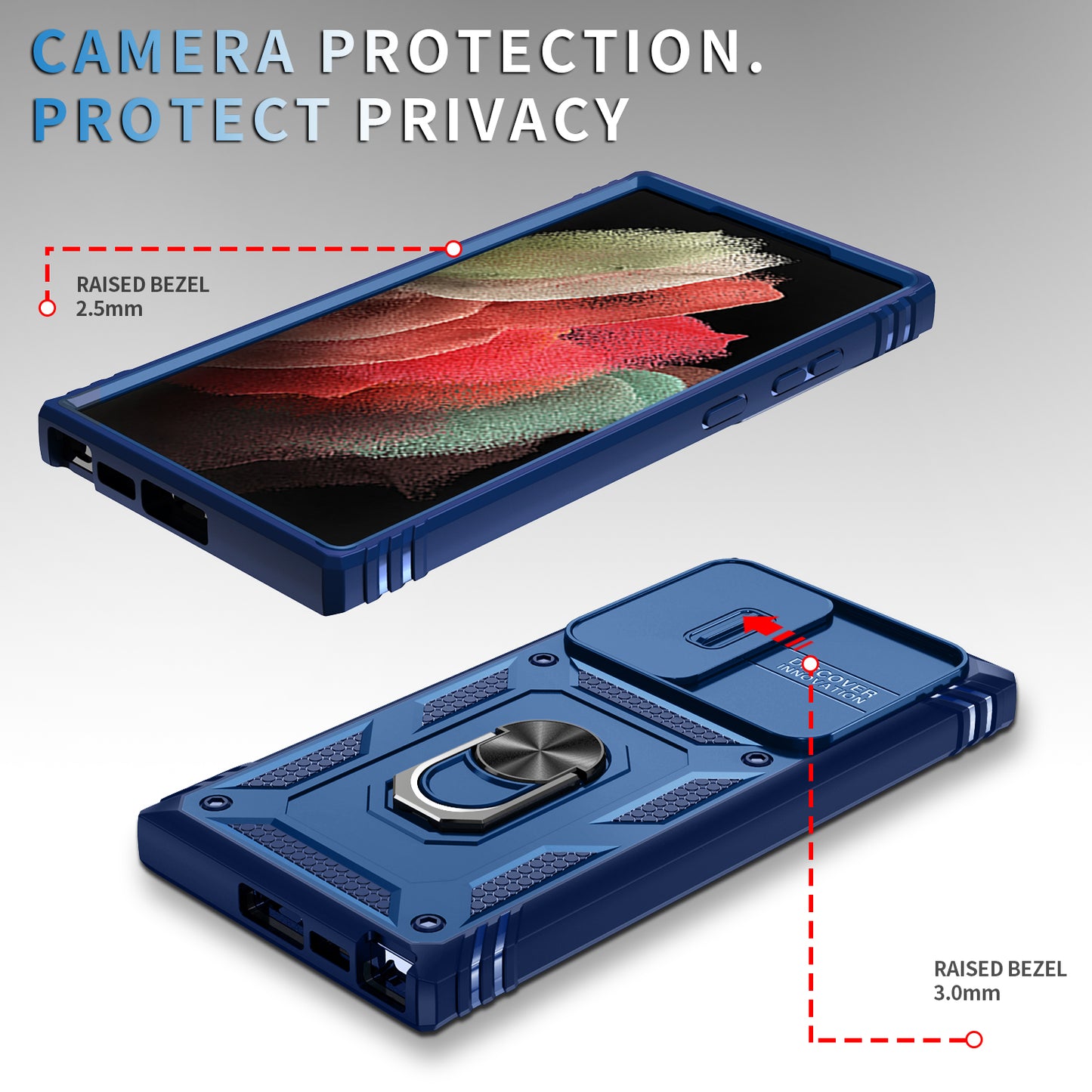 For Samsung Galaxy S24 Ultra Phone Case Built-in Slide Camera Lens Cover + Ring Holder Kickstand - Sapphire