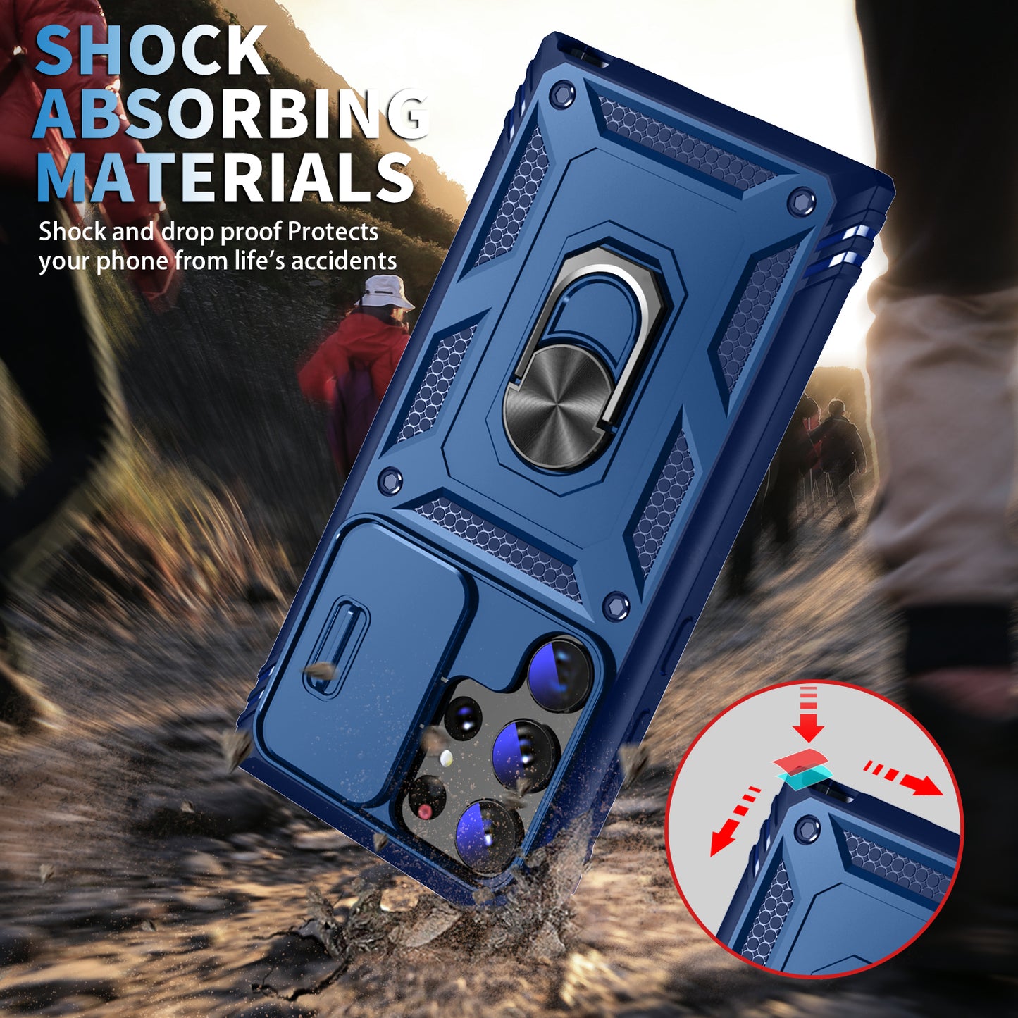 For Samsung Galaxy S24 Ultra Phone Case Built-in Slide Camera Lens Cover + Ring Holder Kickstand - Sapphire