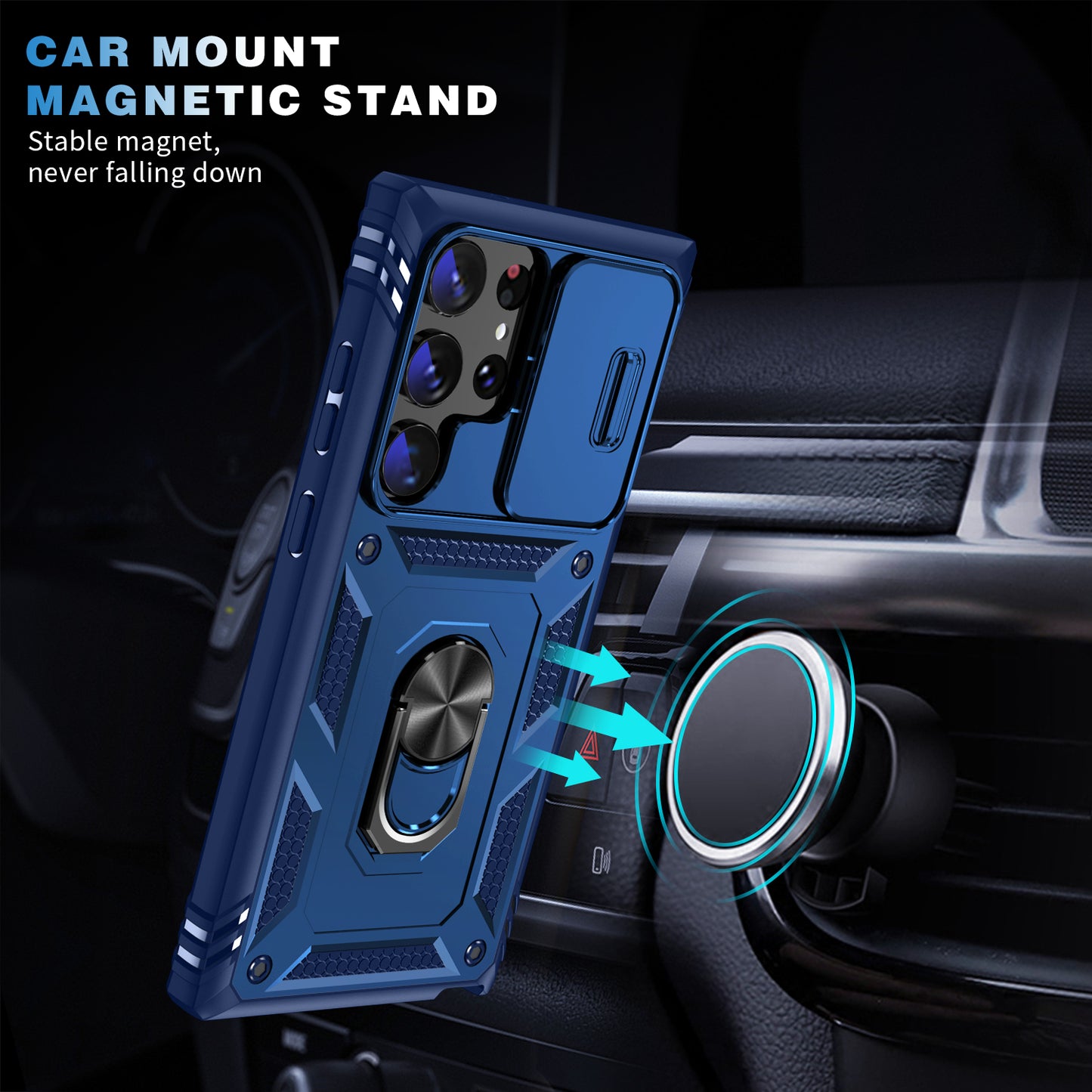 For Samsung Galaxy S24 Ultra Phone Case Built-in Slide Camera Lens Cover + Ring Holder Kickstand - Sapphire