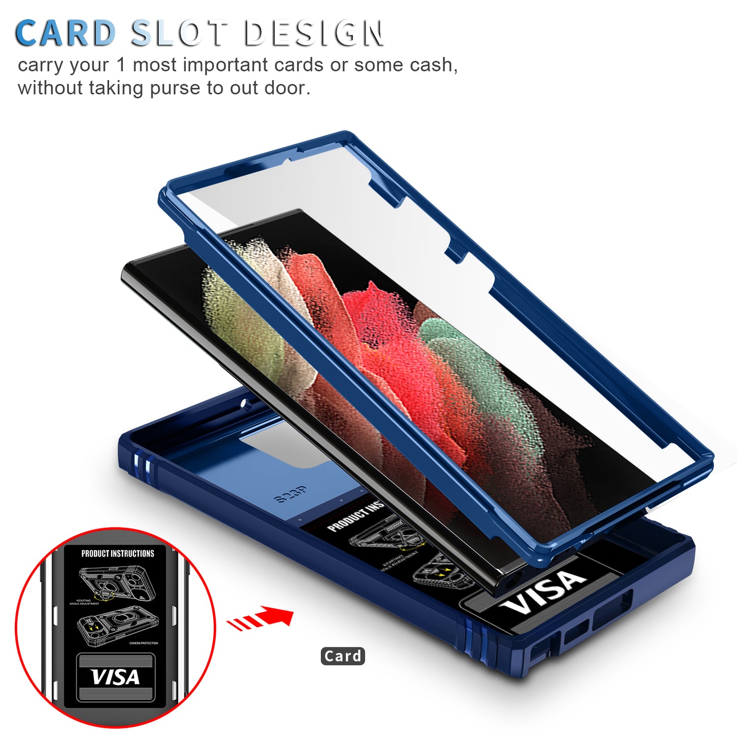 For Samsung Galaxy S24 Ultra Phone Case Built-in Slide Camera Lens Cover + Ring Holder Kickstand - Sapphire