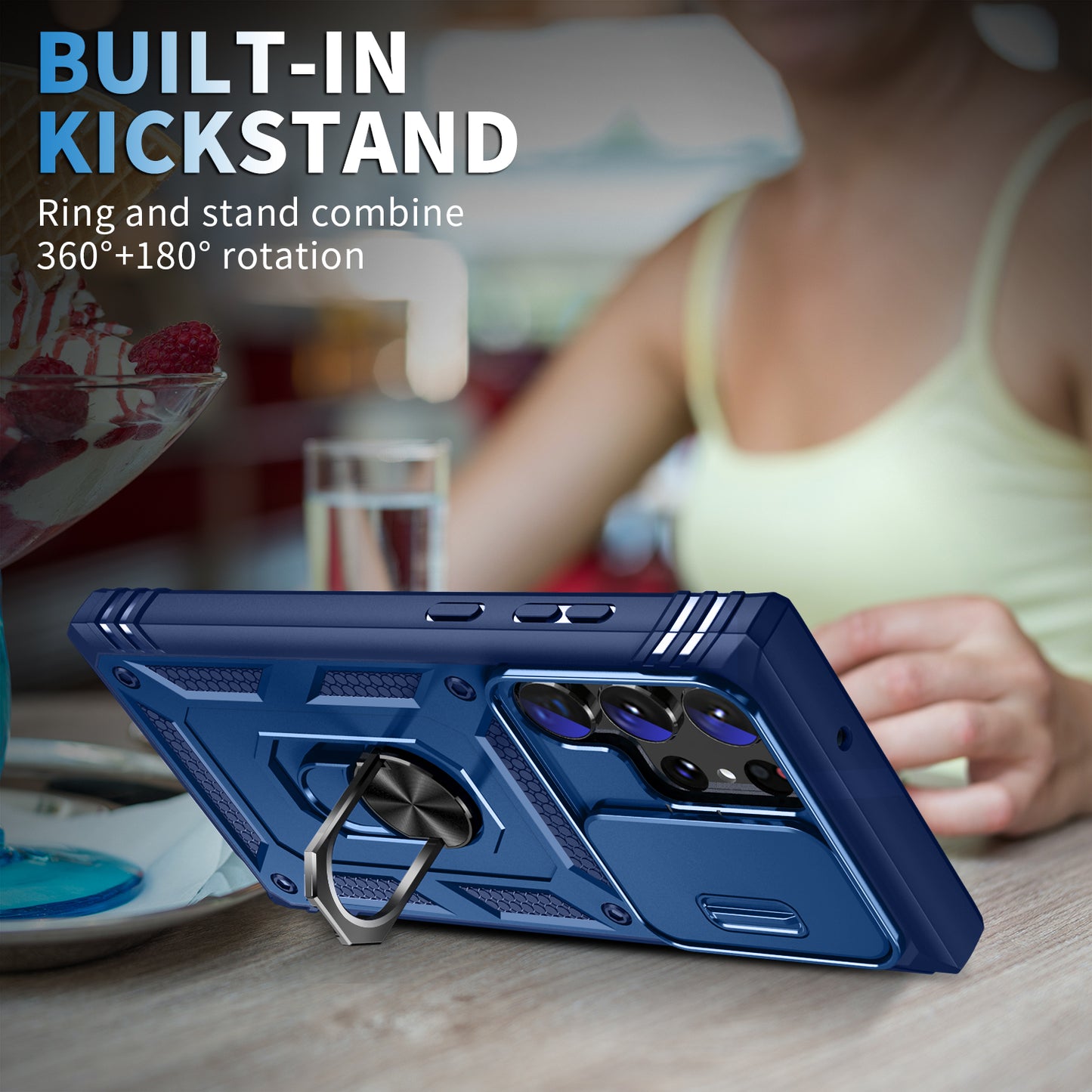 For Samsung Galaxy S24 Ultra Phone Case Built-in Slide Camera Lens Cover + Ring Holder Kickstand - Sapphire