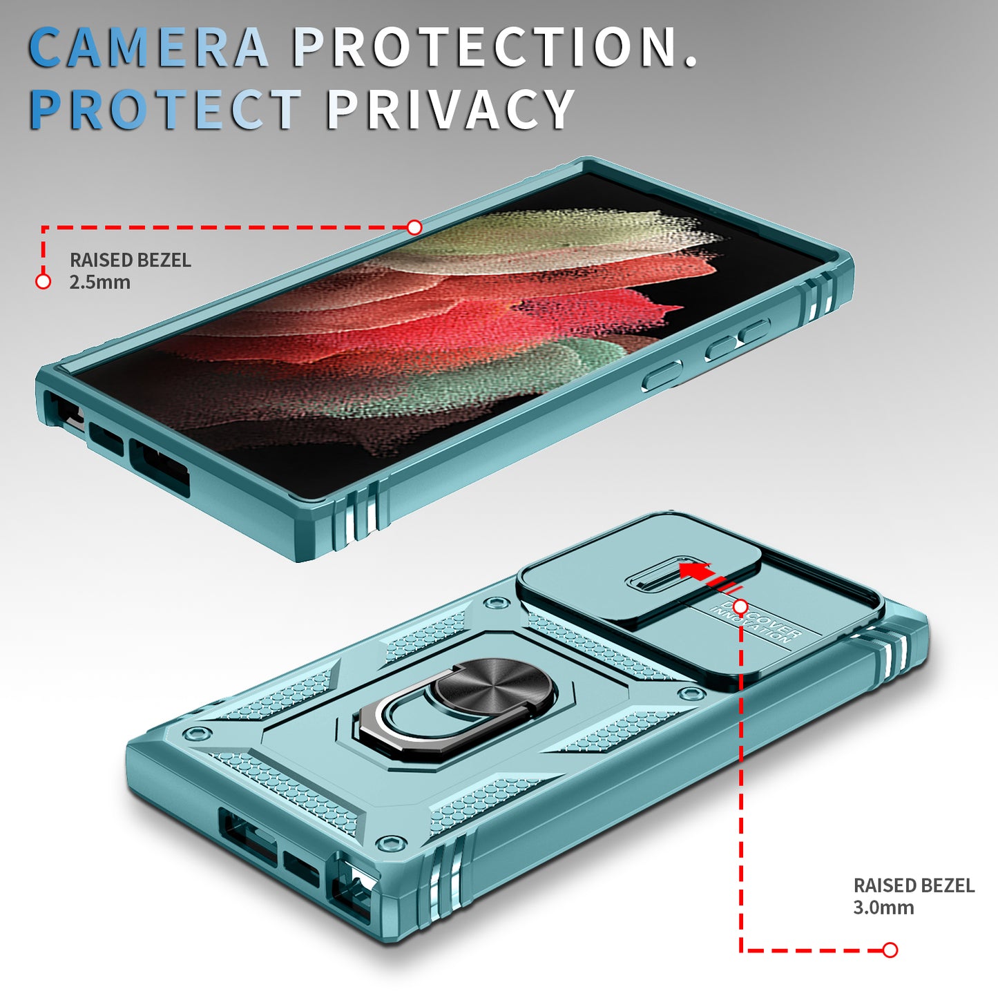 For Samsung Galaxy S24 Ultra Phone Case Built-in Slide Camera Lens Cover + Ring Holder Kickstand - Grey Green