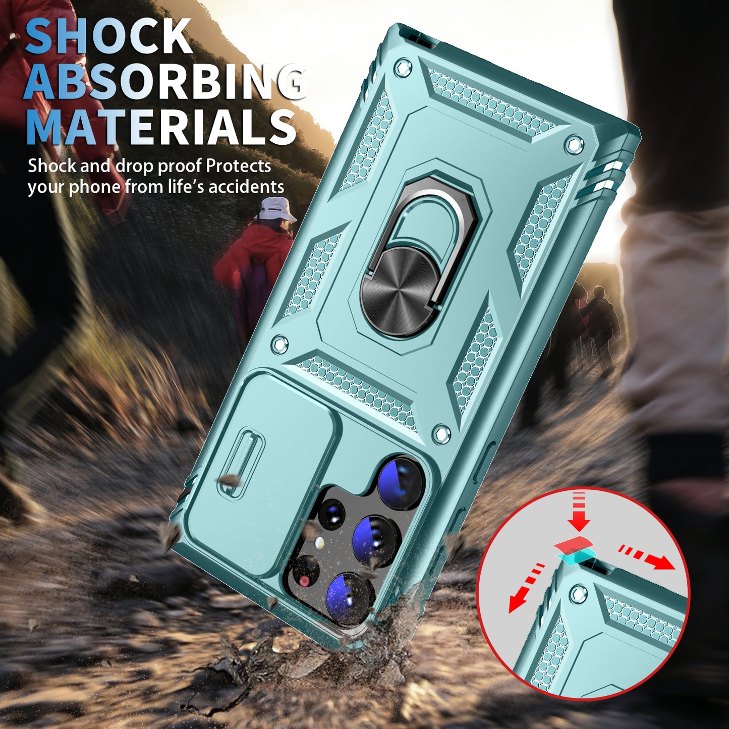 For Samsung Galaxy S24 Ultra Phone Case Built-in Slide Camera Lens Cover + Ring Holder Kickstand - Grey Green