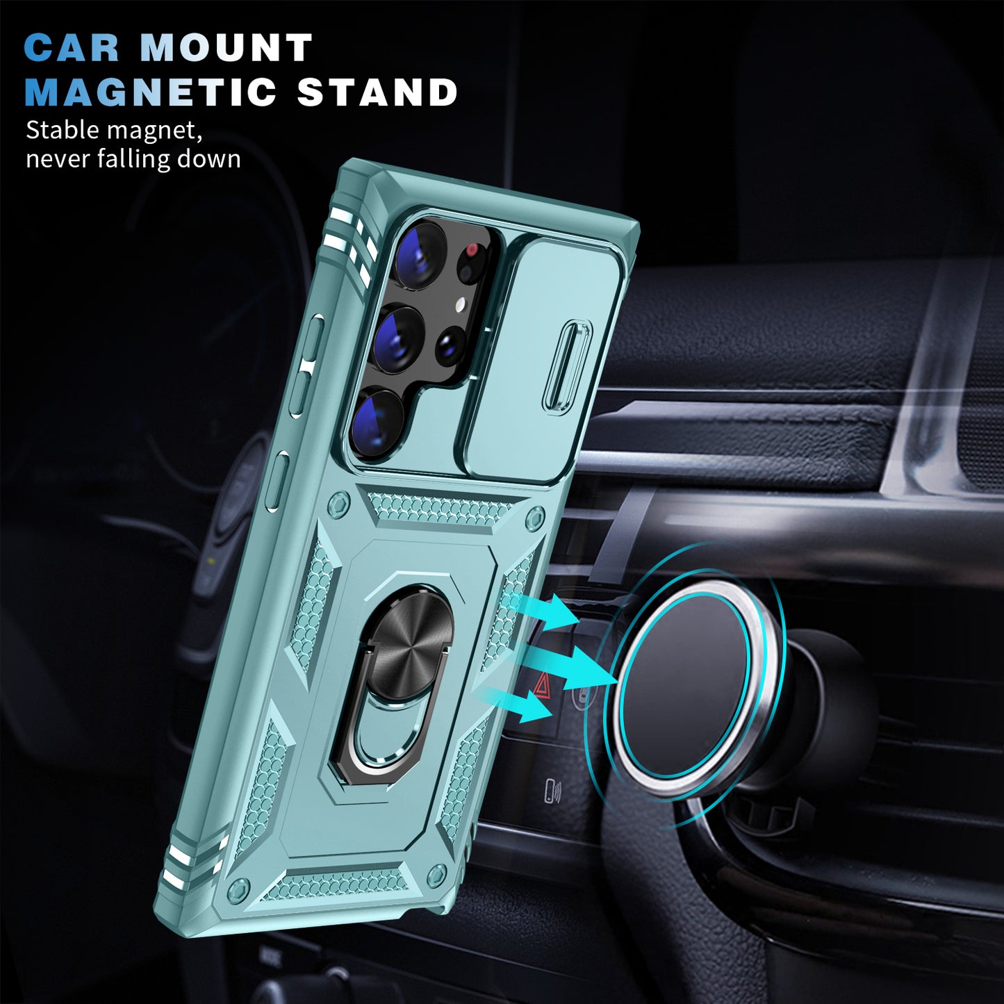 For Samsung Galaxy S24 Ultra Phone Case Built-in Slide Camera Lens Cover + Ring Holder Kickstand - Grey Green