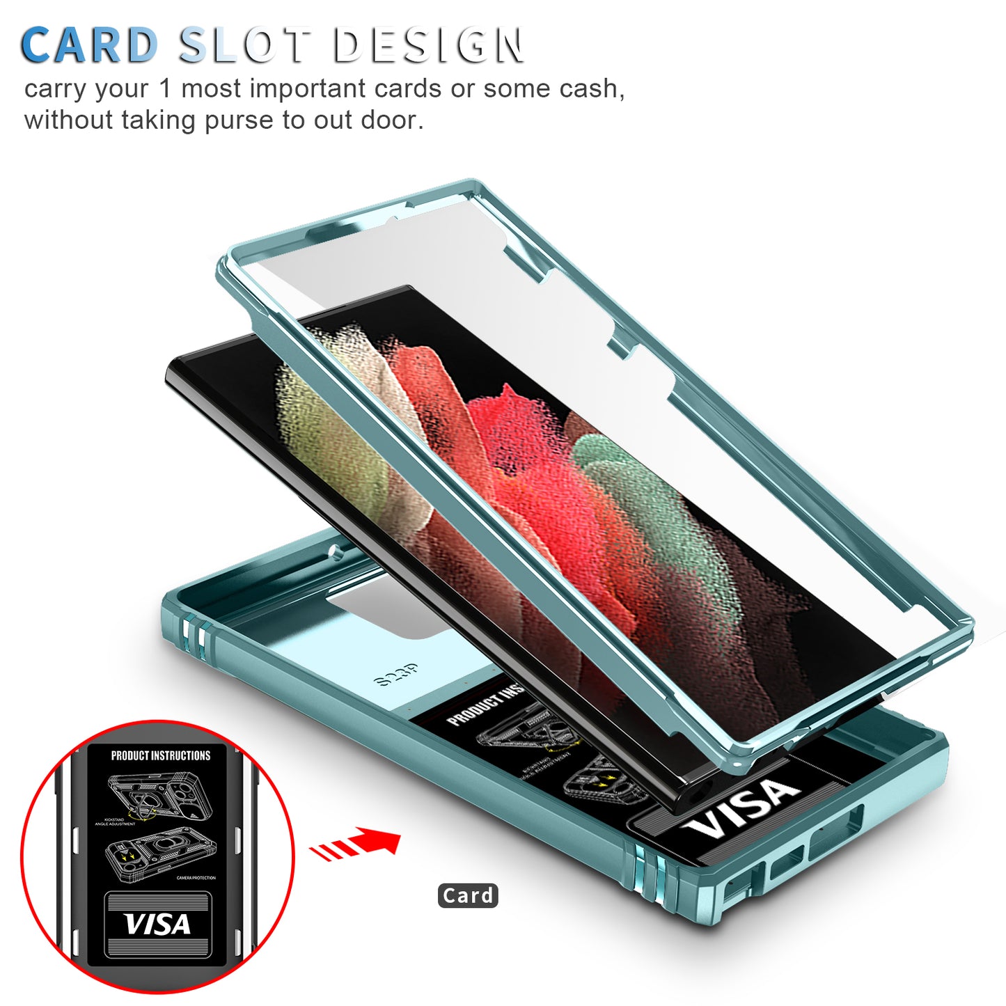 For Samsung Galaxy S24 Ultra Phone Case Built-in Slide Camera Lens Cover + Ring Holder Kickstand - Grey Green