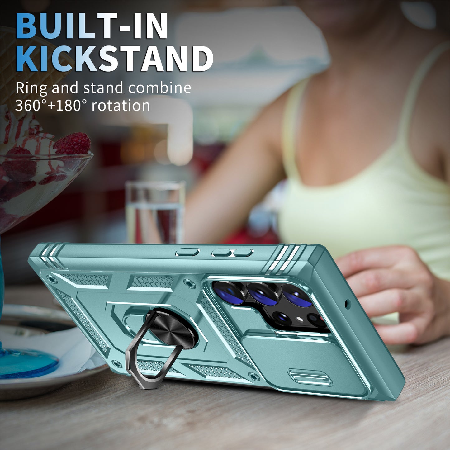 For Samsung Galaxy S24 Ultra Phone Case Built-in Slide Camera Lens Cover + Ring Holder Kickstand - Grey Green