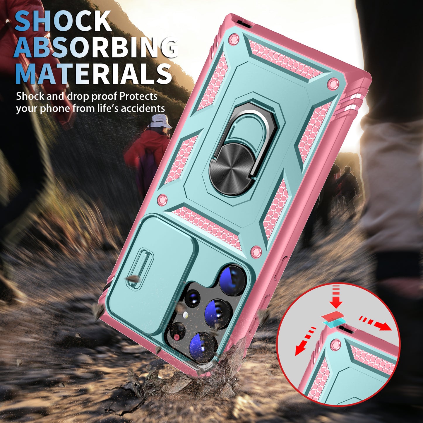 For Samsung Galaxy S24 Ultra Phone Case Built-in Slide Camera Lens Cover + Ring Holder Kickstand - Grey Green+Pink