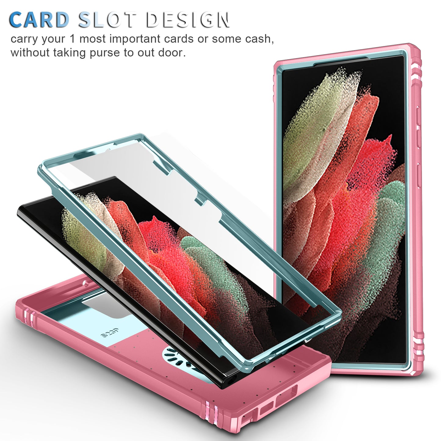 For Samsung Galaxy S24 Ultra Phone Case Built-in Slide Camera Lens Cover + Ring Holder Kickstand - Grey Green+Pink