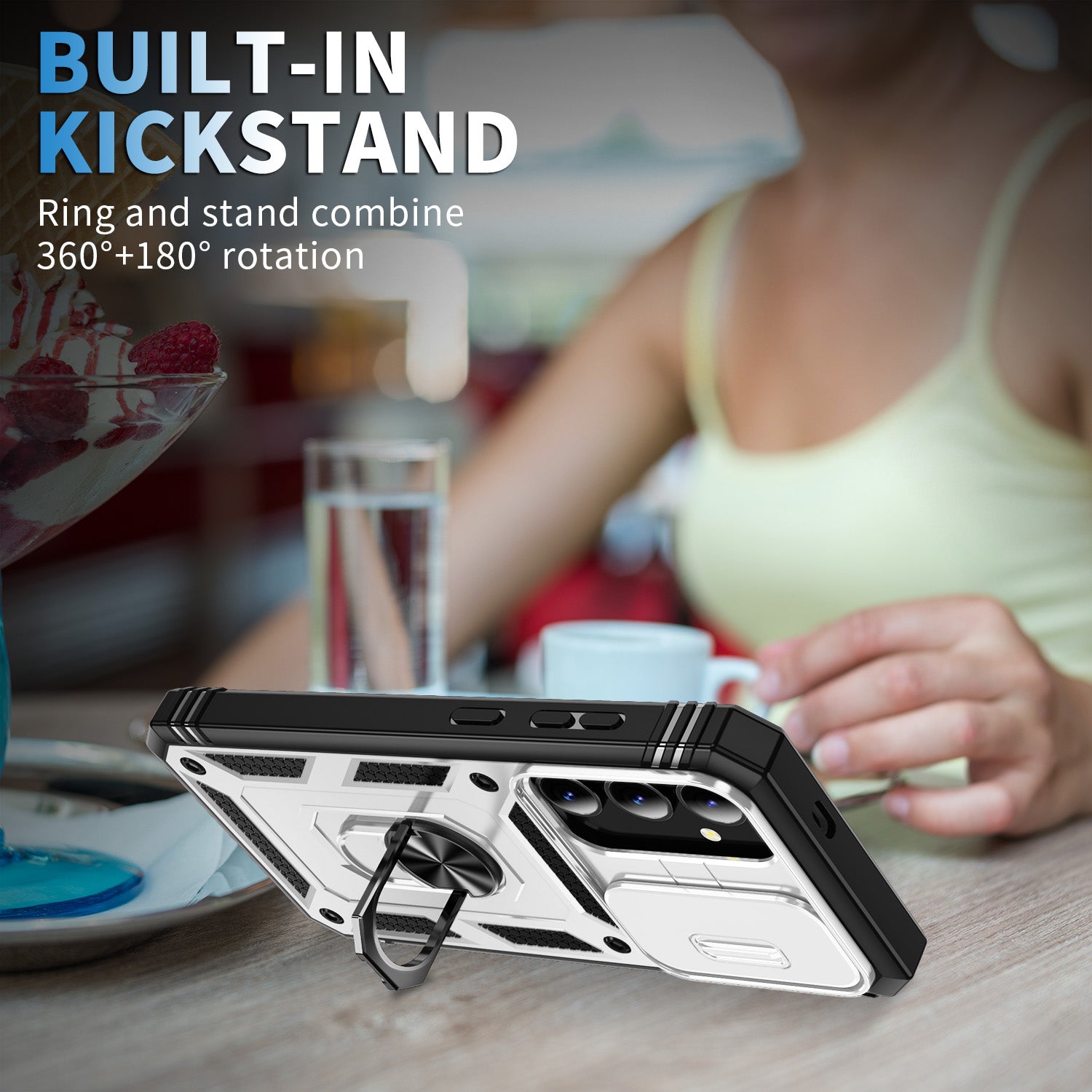 For Samsung Galaxy S24 Anti-Drop Protection Case with Camera Sliding Cover - White+Black