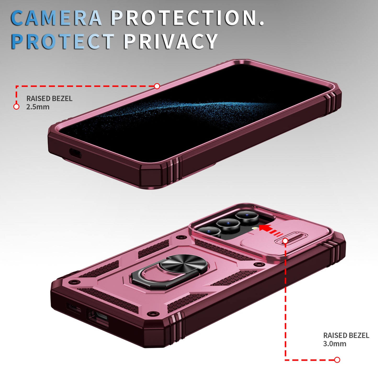 For Samsung Galaxy S24 Anti-Drop Protection Case with Camera Sliding Cover - Pink+Dark Red