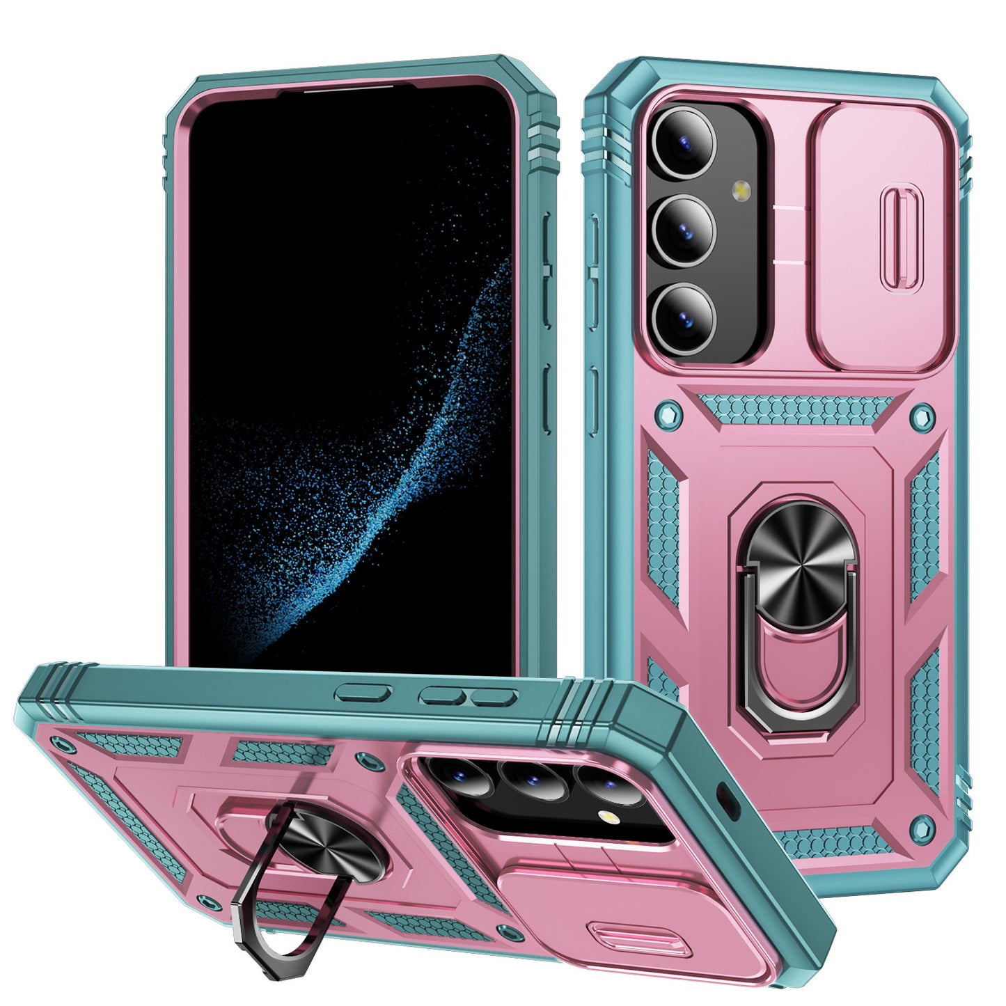 For Samsung Galaxy S24 Anti-Drop Protection Case with Camera Sliding Cover - Pink+Grey Green