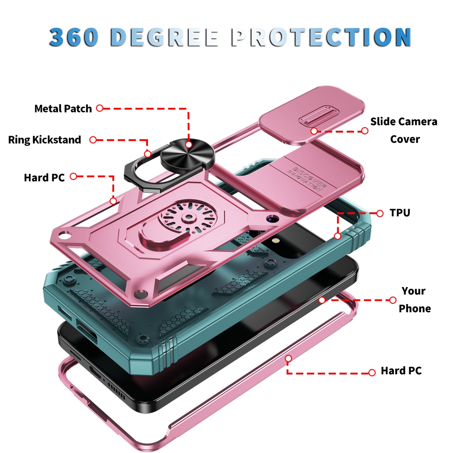 For Samsung Galaxy S24 Anti-Drop Protection Case with Camera Sliding Cover - Pink+Grey Green