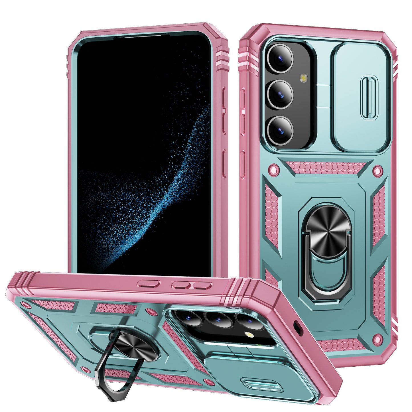 For Samsung Galaxy S24 Anti-Drop Protection Case with Camera Sliding Cover - Grey Green+Pink